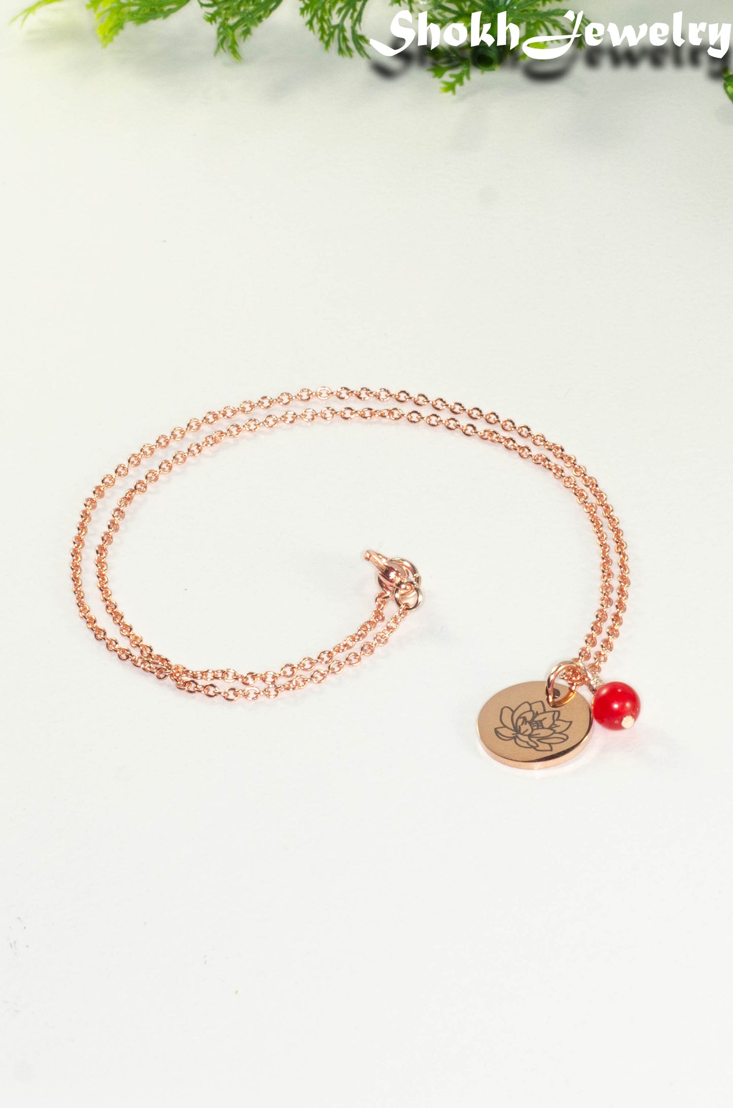 Rose Gold Plated July Birth Flower Necklace with Red Ruby Birthstone Pendant.