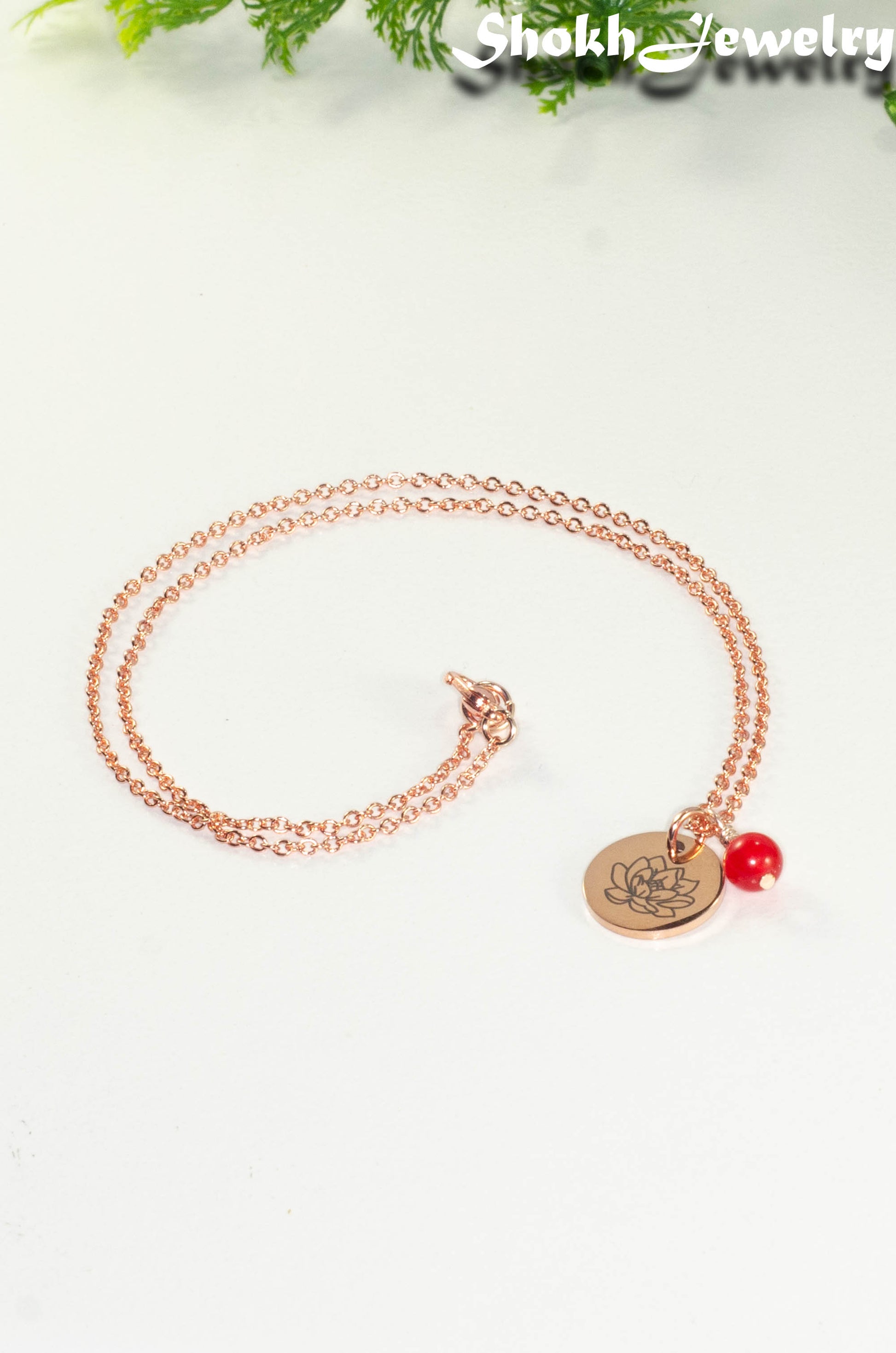 Rose Gold Plated July Birth Flower Necklace with Red Ruby Birthstone Pendant.