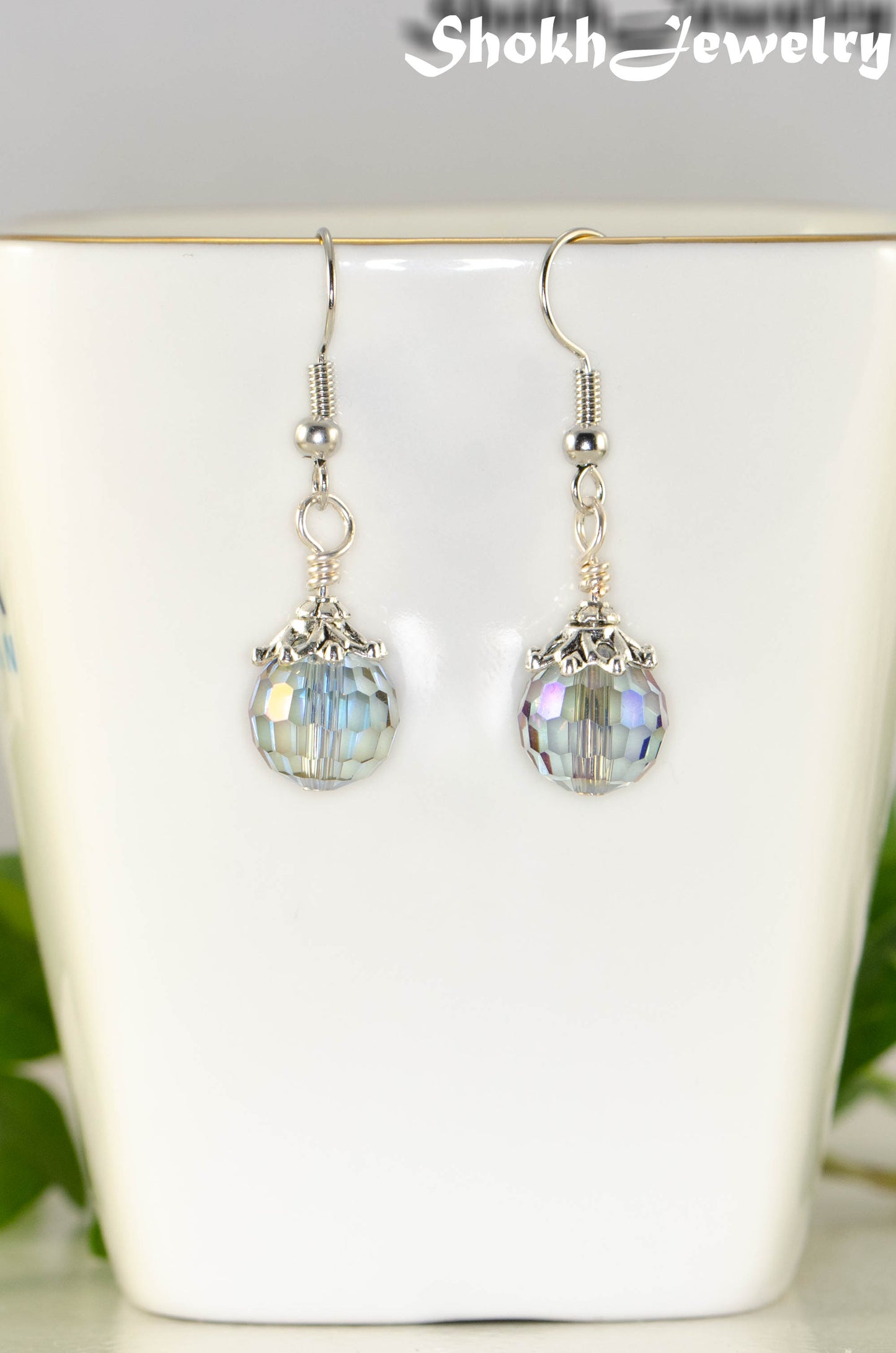 Close up of 10mm Glass Crystal Disco Ball Earrings.
