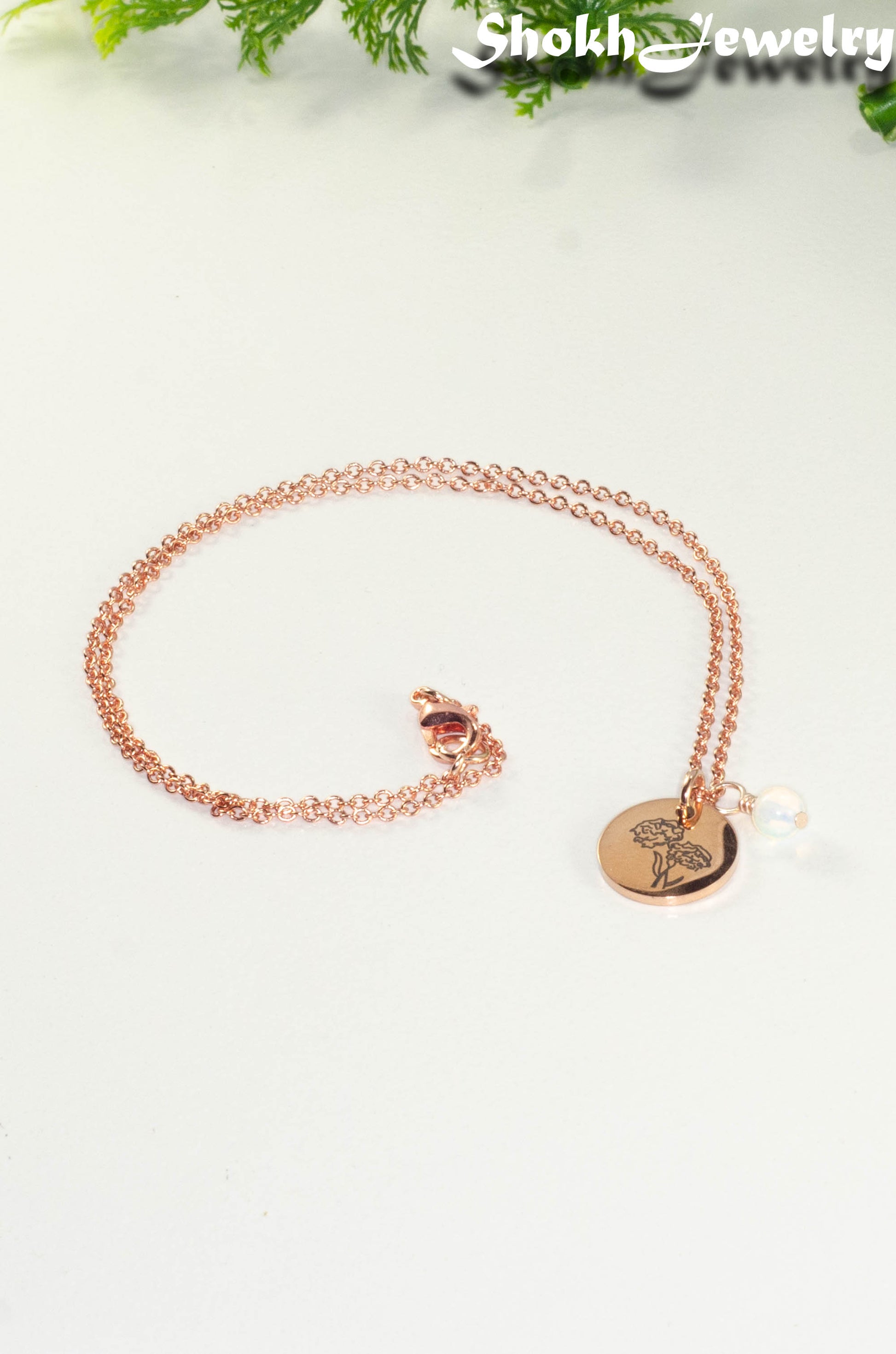 Rose Gold Plated October Birth Flower Necklace with White Opal Birthstone Pendant.