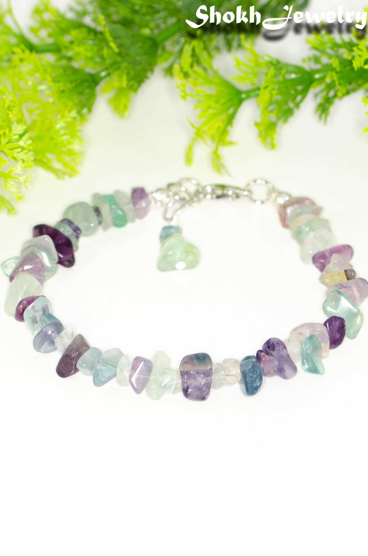 Close up of Natural Rainbow Fluorite Crystal Chip Bracelet.