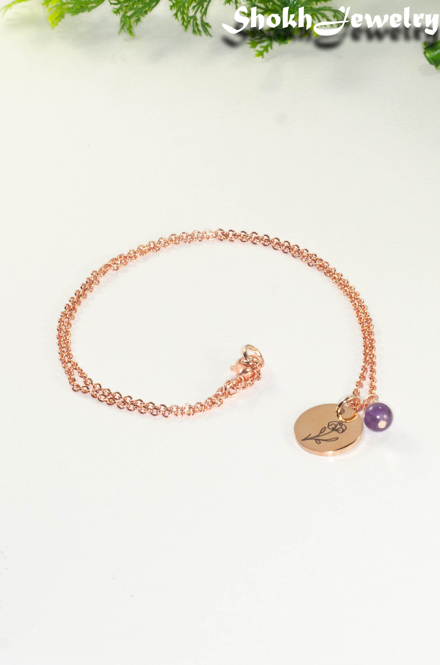 Rose Gold Plated February Birth Flower Necklace with Amethyst Birthstone Pendant.