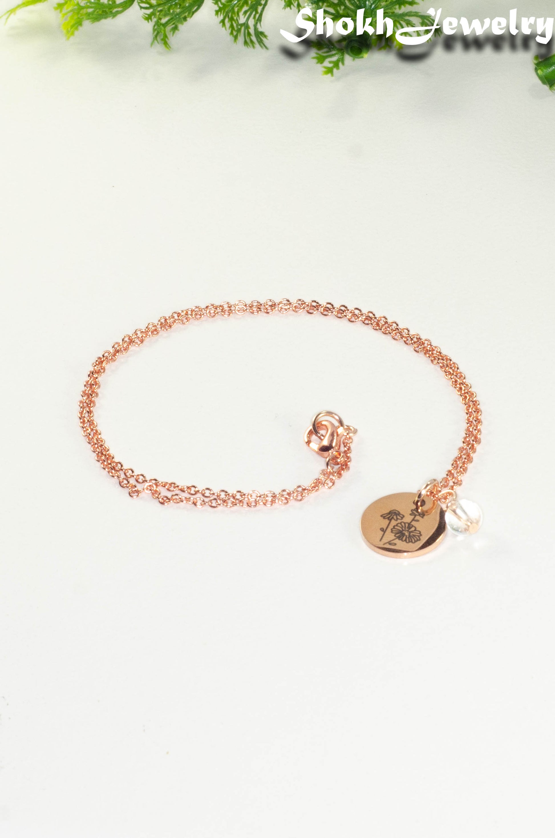 Rose Gold Plated April Birth Flower Necklace with Clear Quartz Birthstone Pendant.