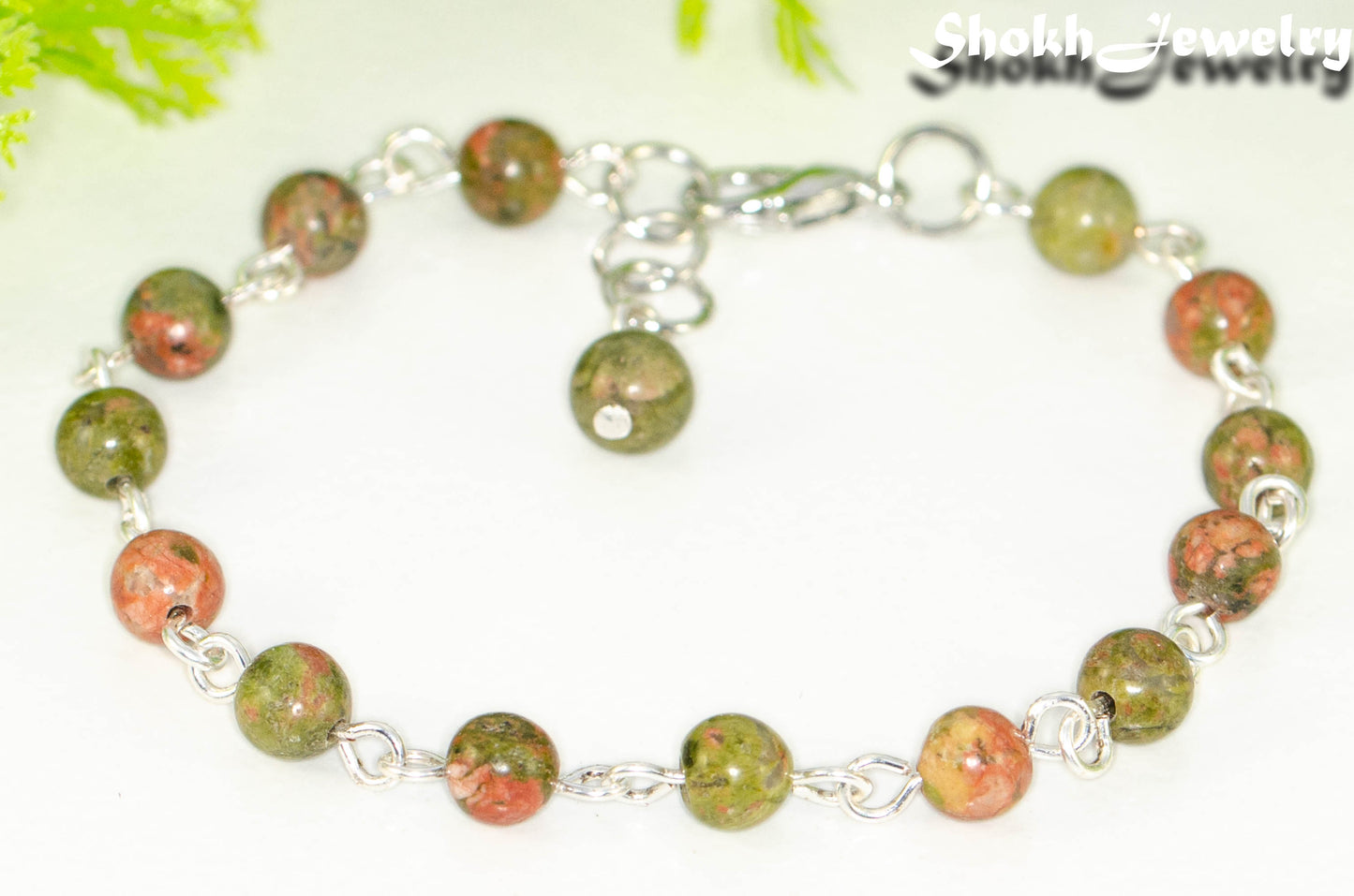 Close up of 6mm Unakite Jasper Link Bracelet.