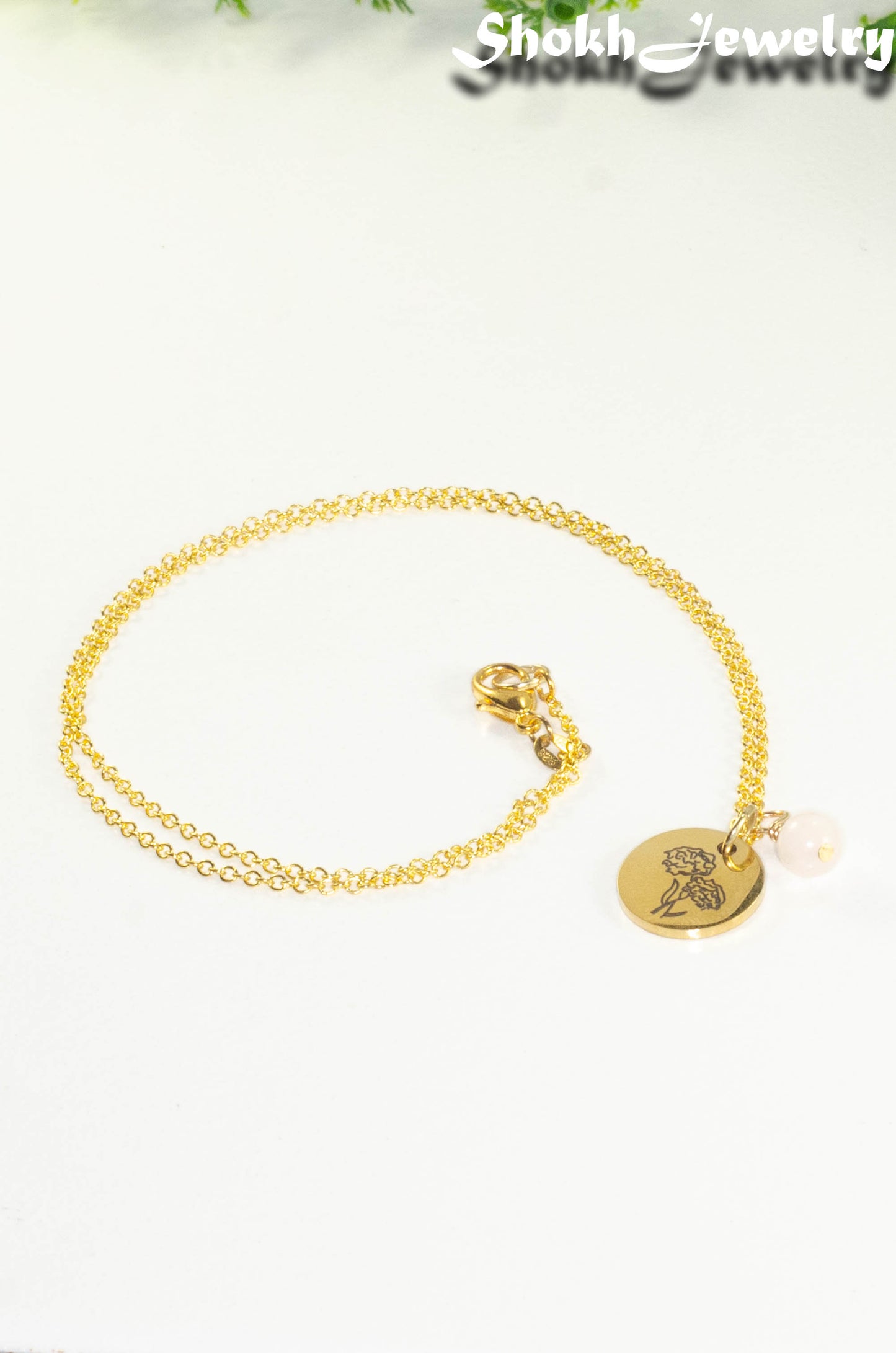 Gold Plated October Birth Flower Necklace with Rose Quartz Birthstone Pendant.