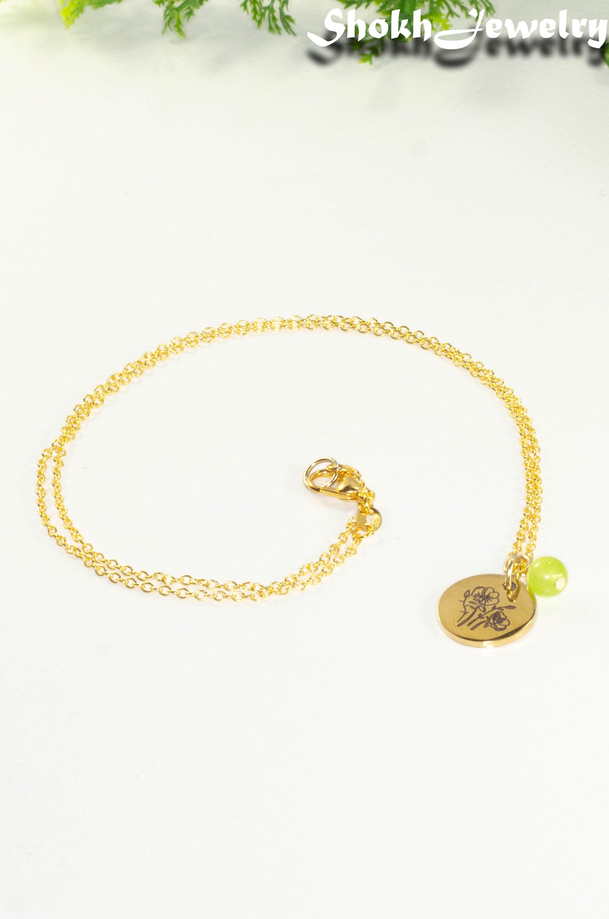 Gold Plated August Birth Flower Necklace with Peridot Birthstone Pendant.