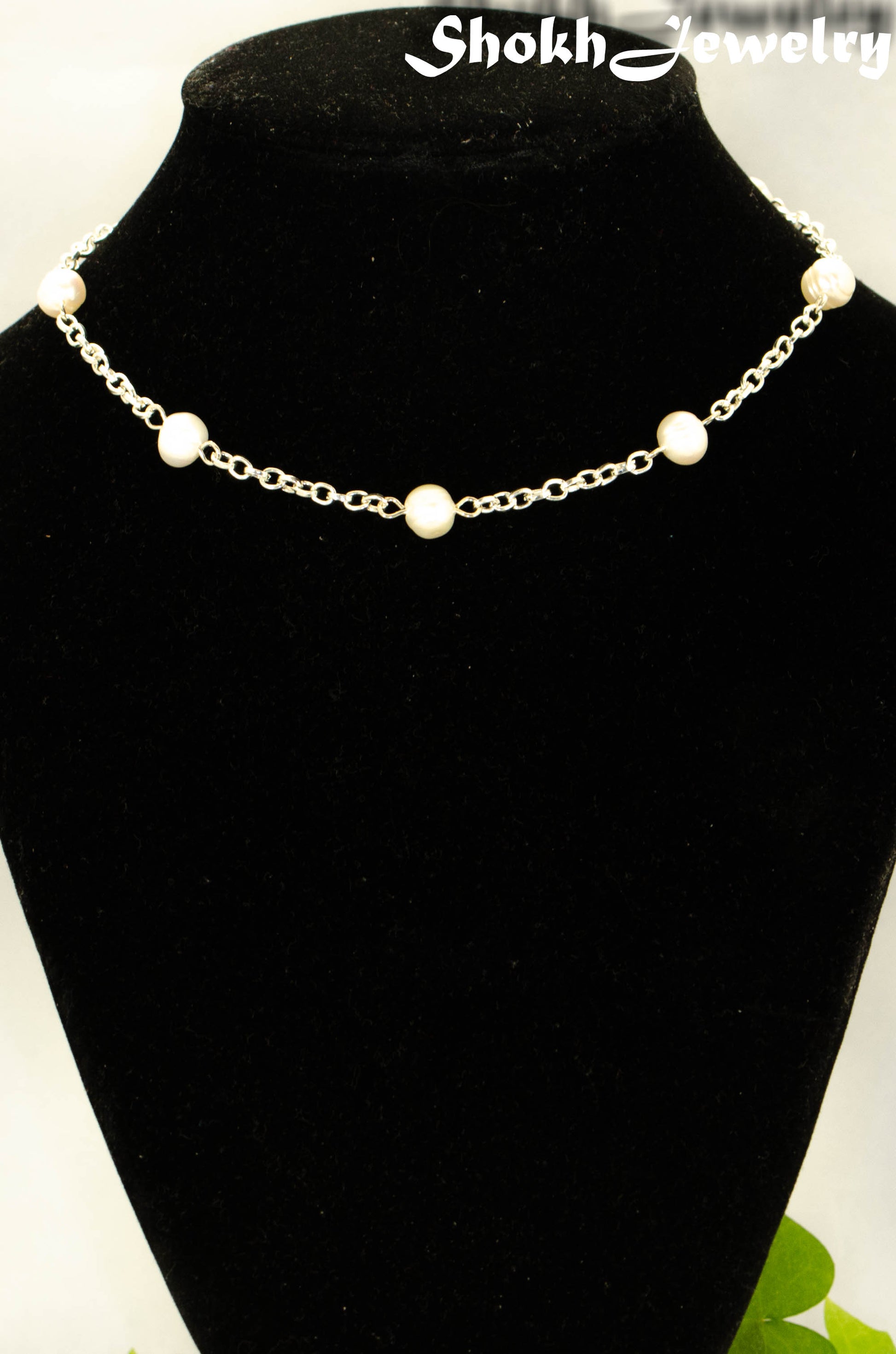 Freshwater Pearl and Dainty Chain Choker Necklace displayed on a black bust.