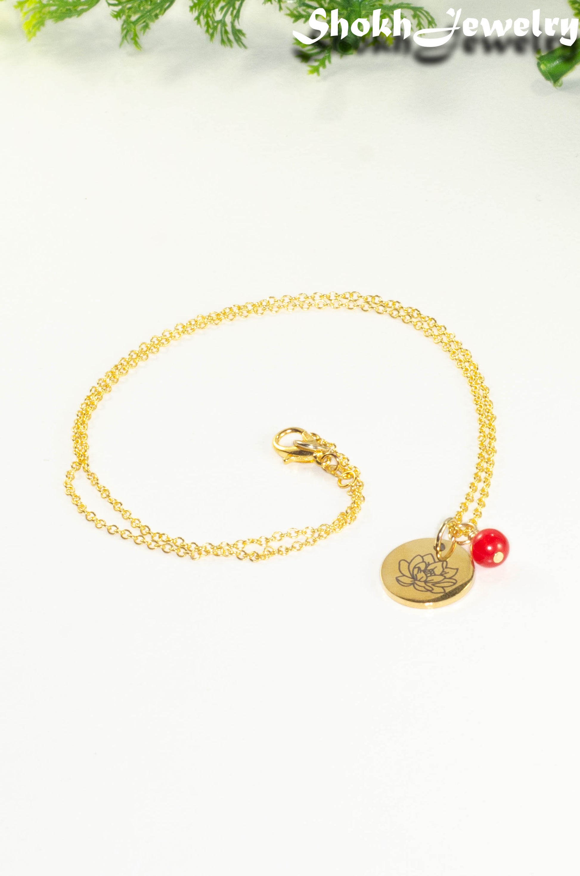 Gold Plated July Birth Flower Necklace with Red Ruby Birthstone Pendant.