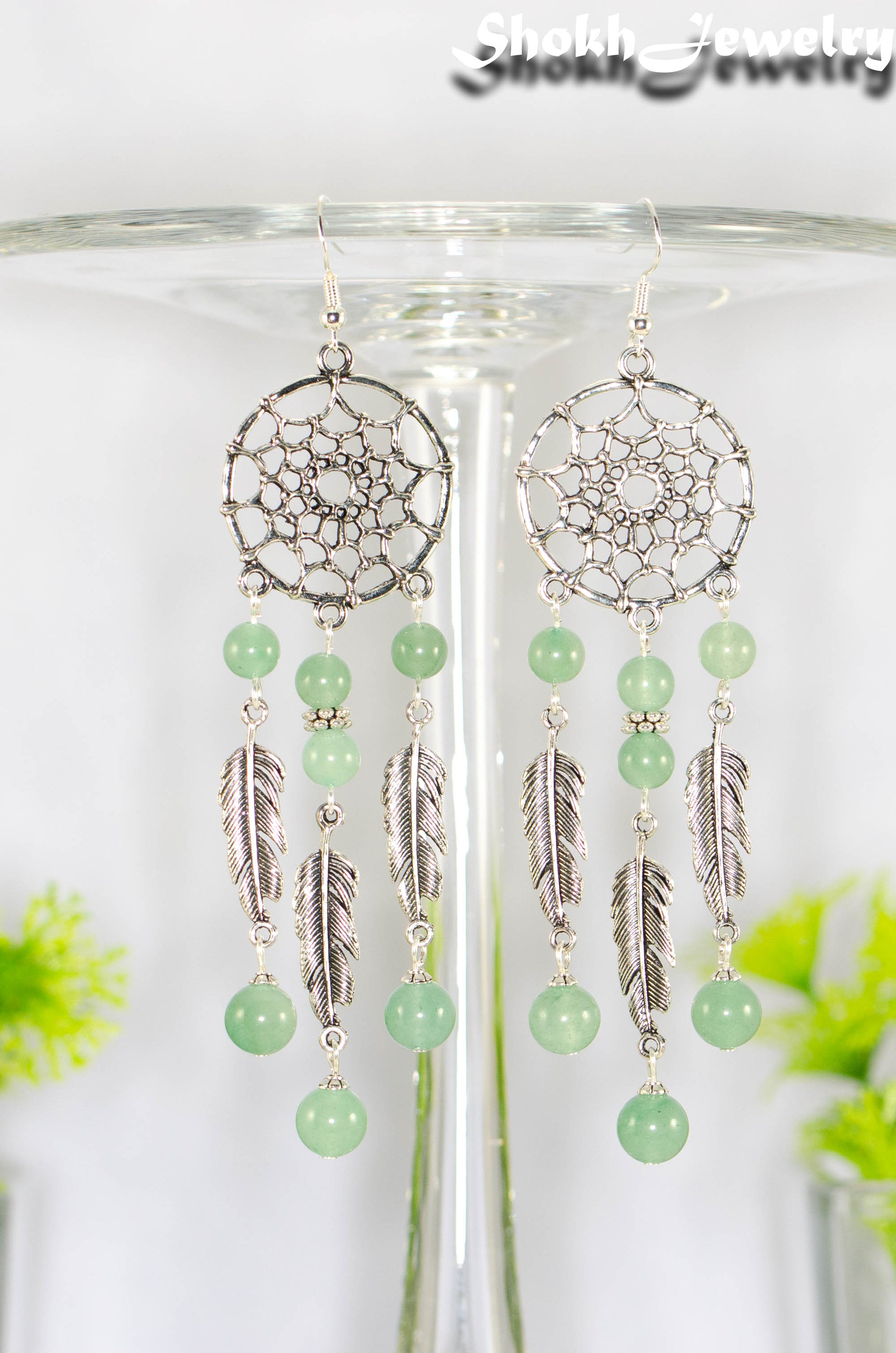 Close up of Extra Long Green Aventurine Dream Catcher Earrings.