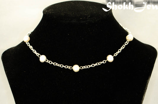 Freshwater Pearl and Dainty Chain Choker Necklace displayed on a bust.