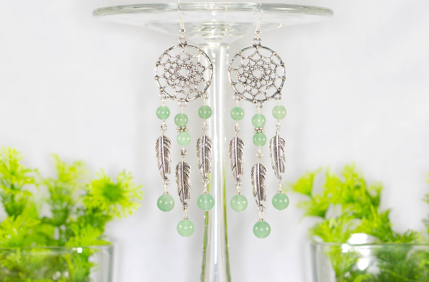 Extra Long Green Aventurine Dream Catcher Earrings.