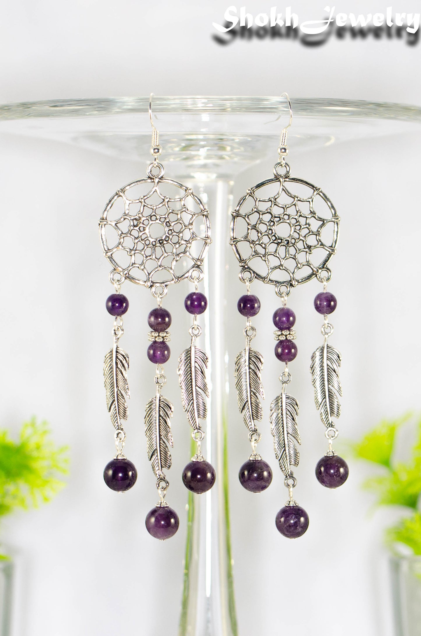 Close up of Extra Long Amethyst Dream Catcher Earrings.