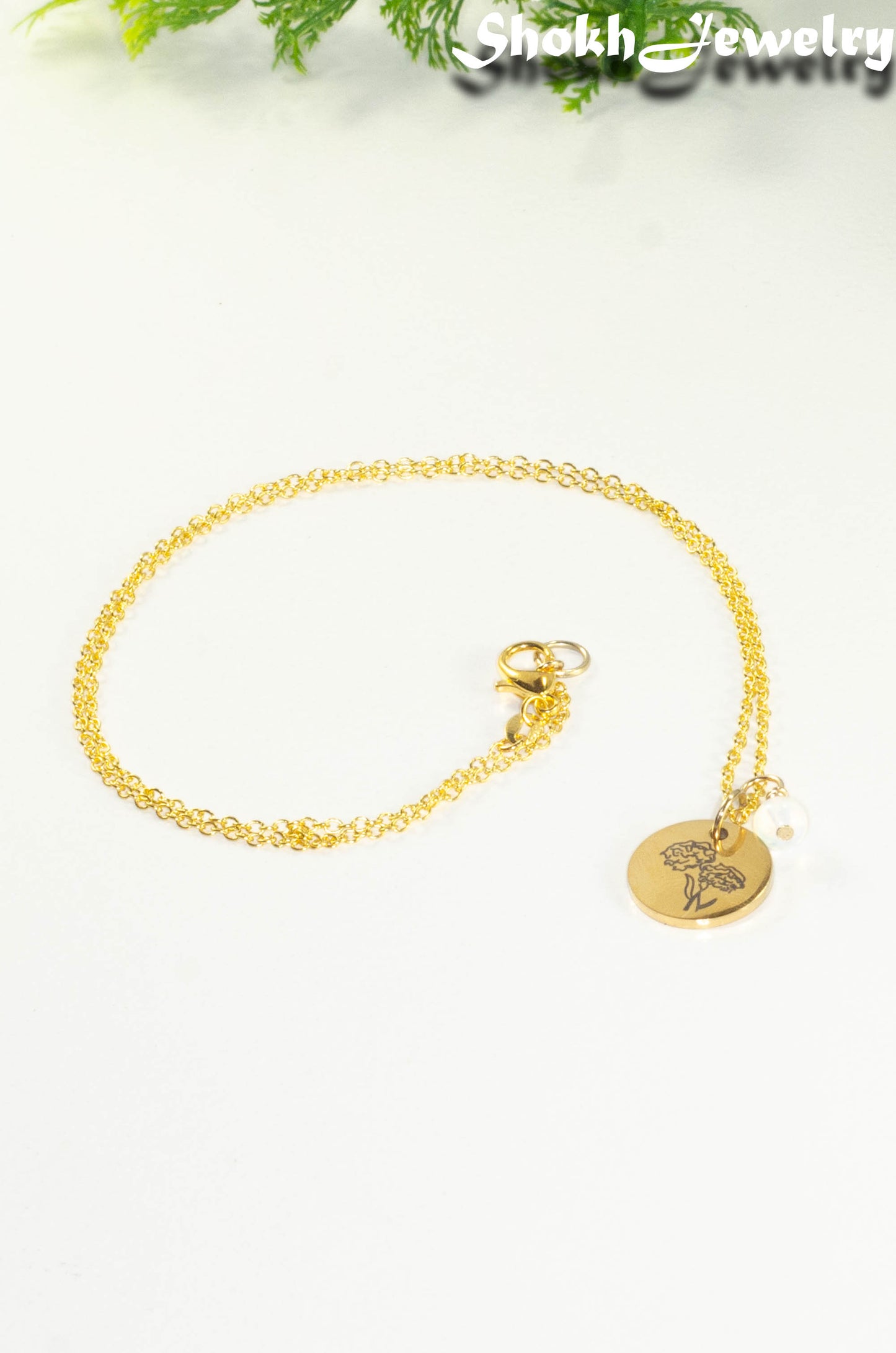 Gold Plated October Birth Flower Necklace with White Opal Birthstone Pendant.