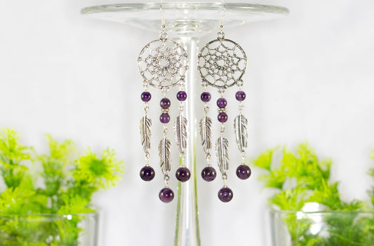 Extra Long Amethyst Dream Catcher Earrings.