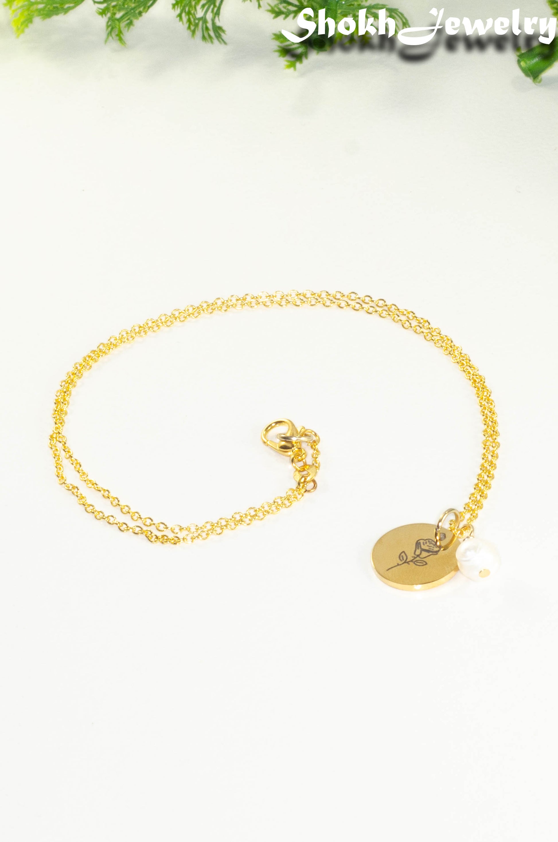 Gold Plated June Birth Flower Necklace with Freshwater Pearl Pendant.