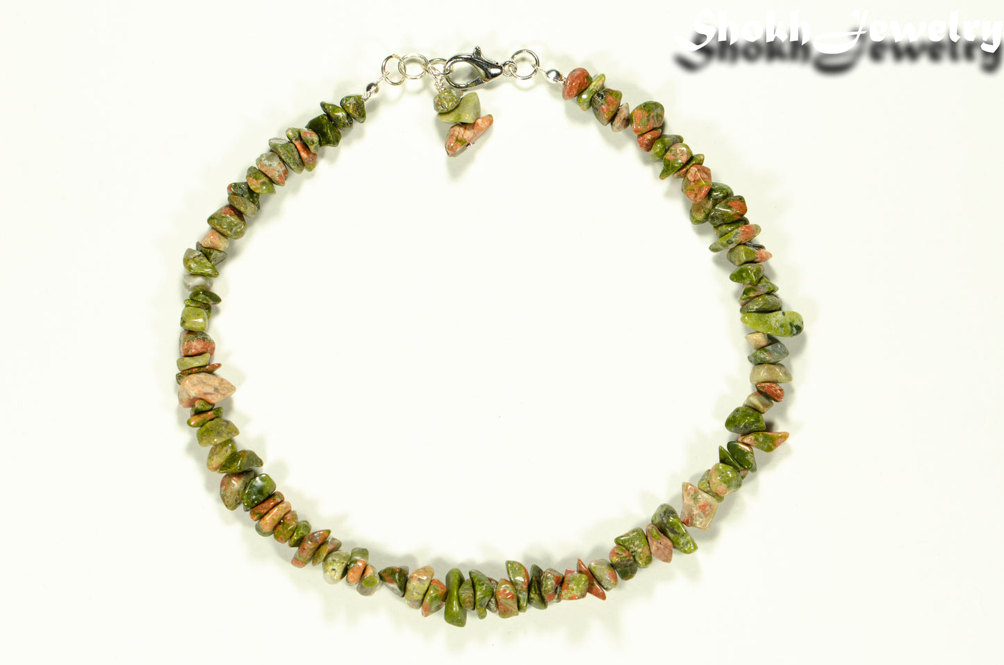 Top view of Natural Unakite Crystal Chip Anklet.