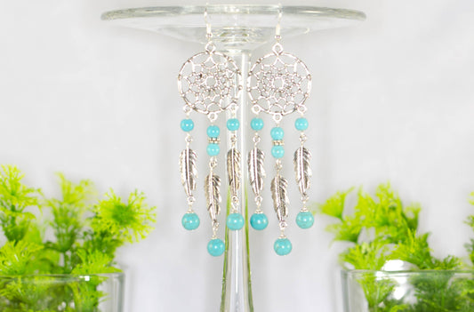 Extra Long Turquoise Howlite Dream Catcher Earrings.