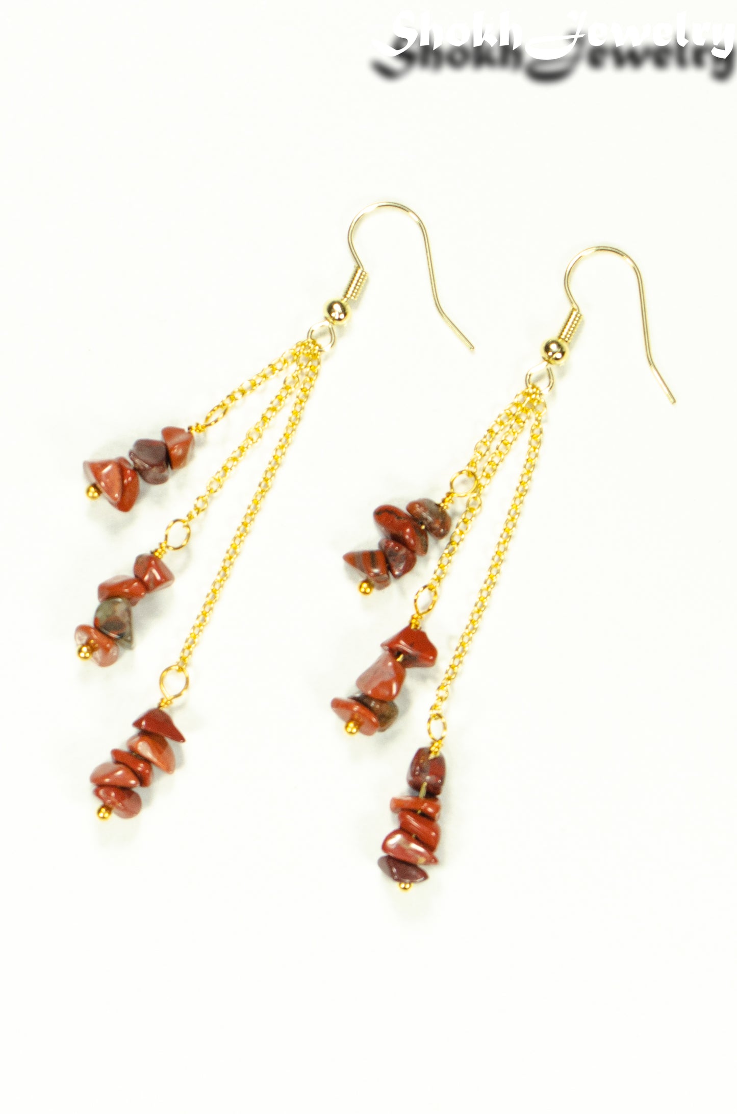 Top view of Long Gold Plated Chain and Red Jasper Chip Earrings.