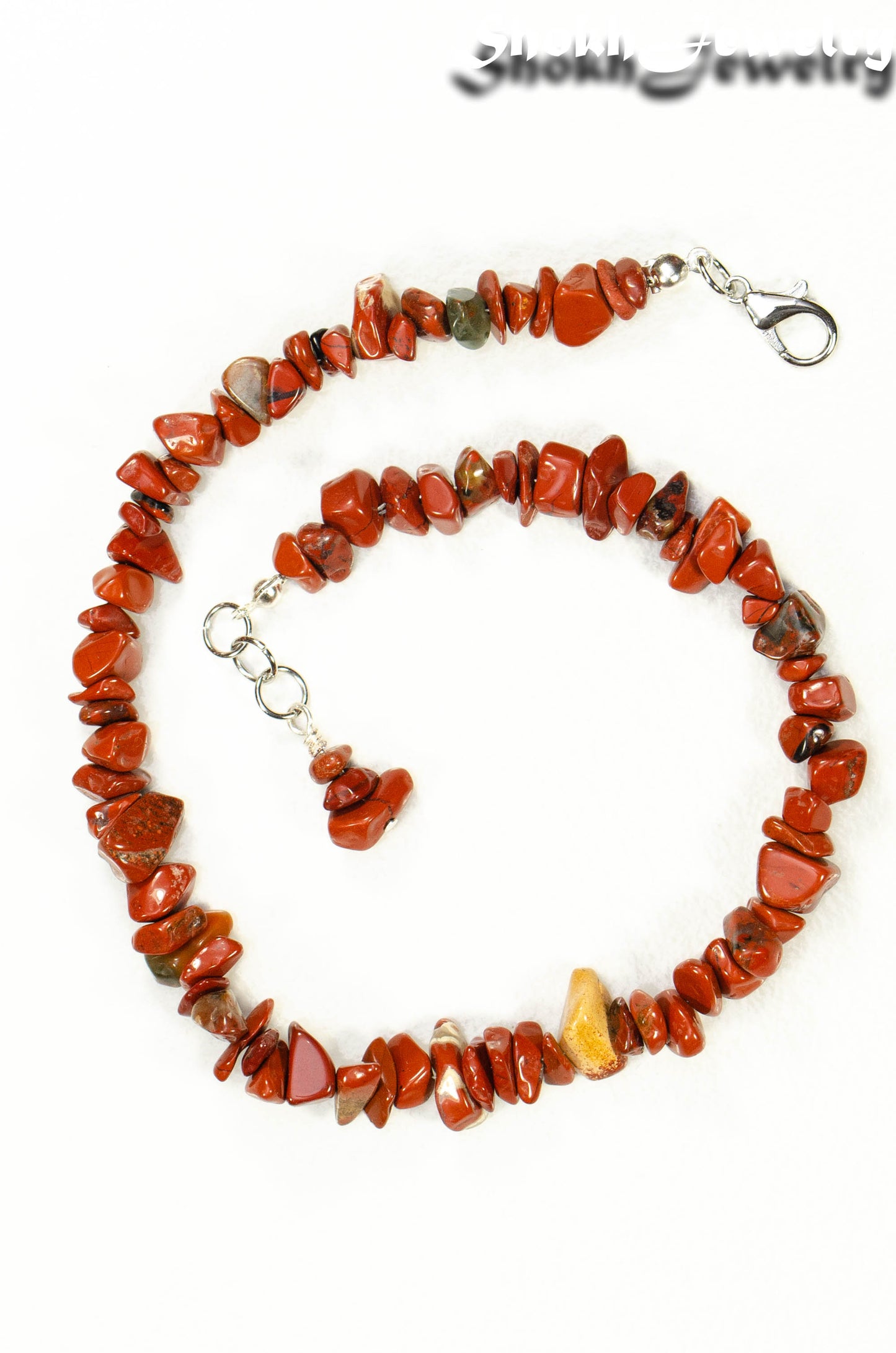 Top view of Natural Red Jasper Crystal Chip Choker Necklace.