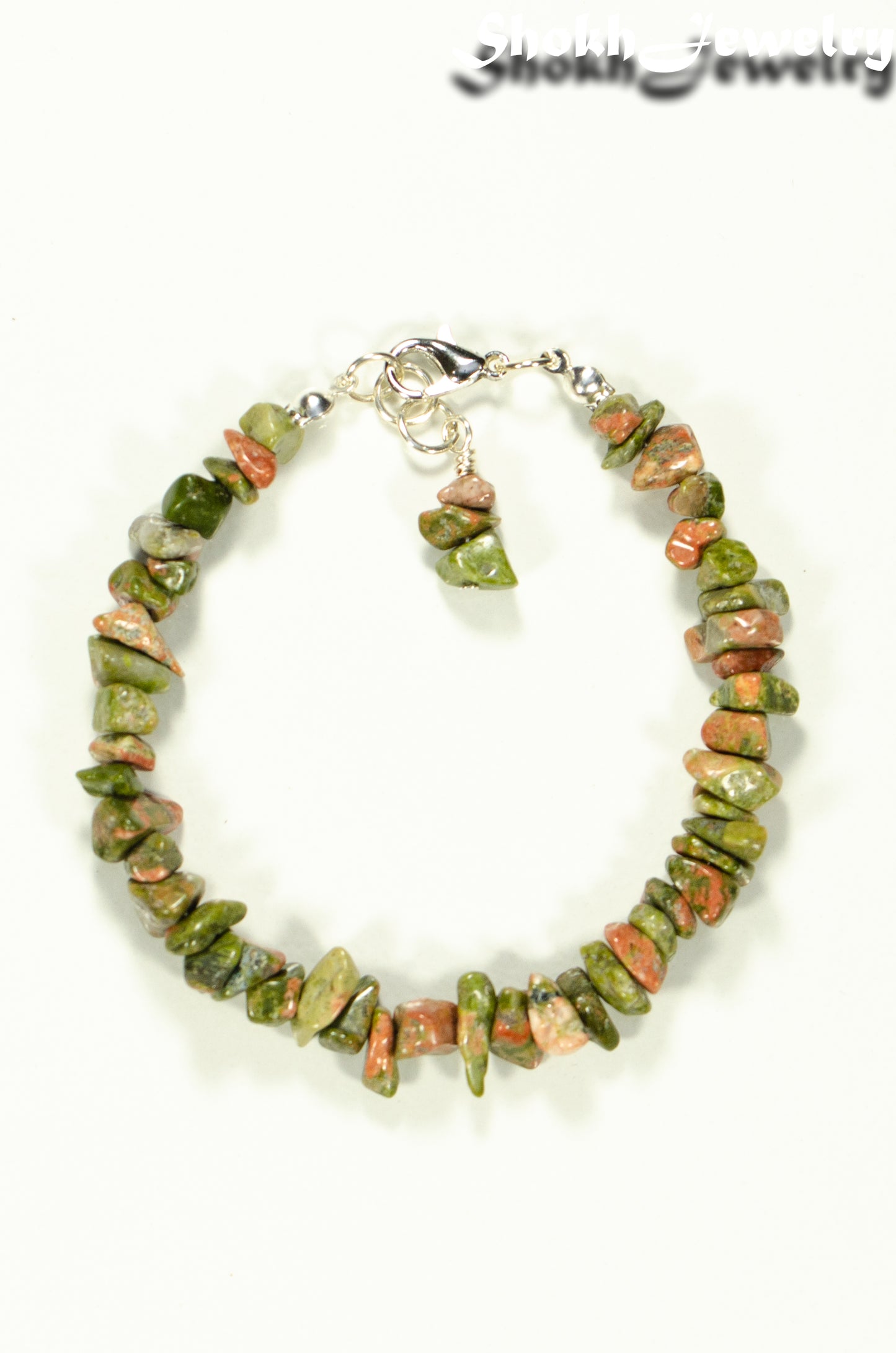 Natural Unakite Crystal Chip Bracelet with lobster claw clasp.