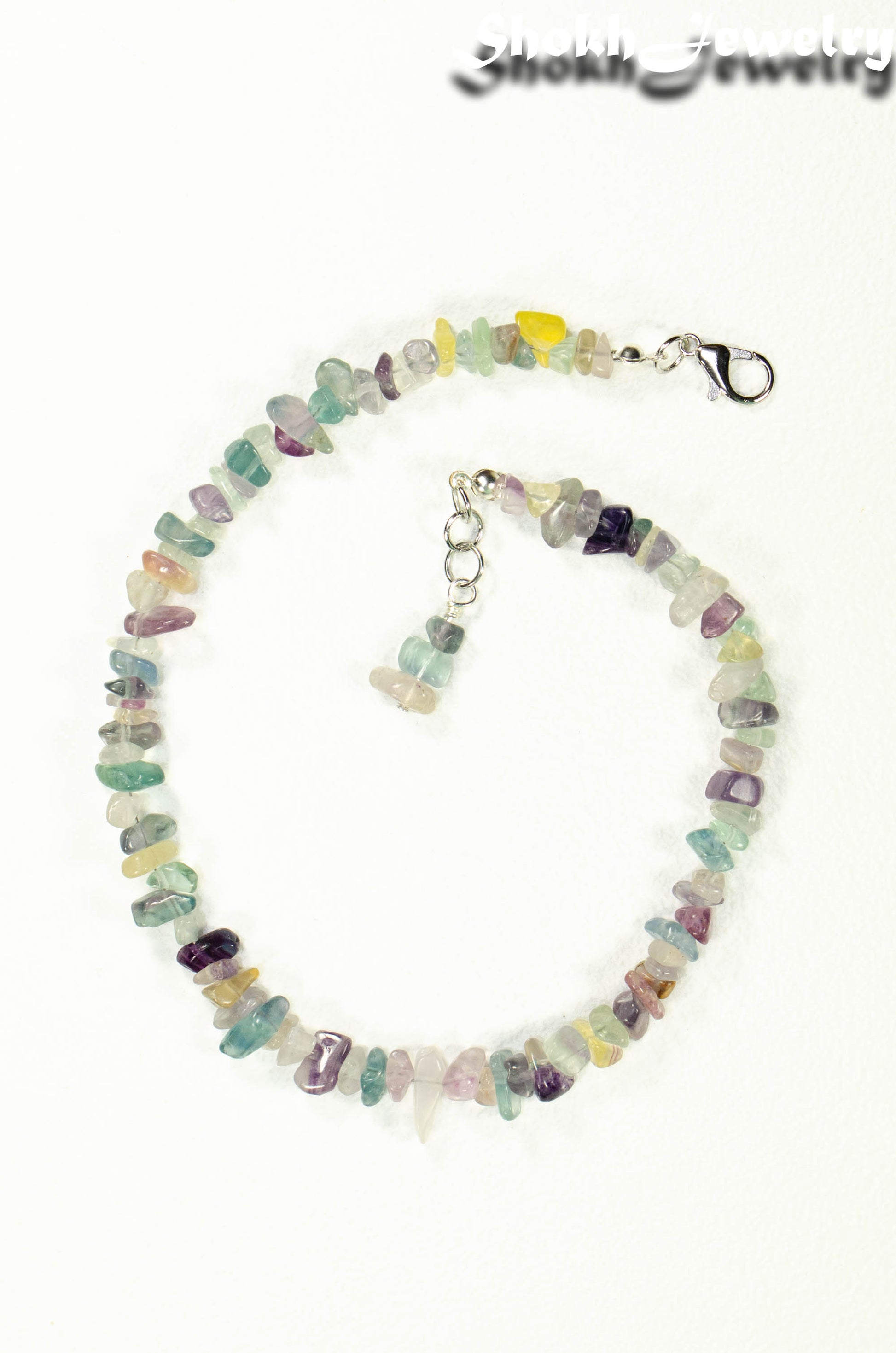 Top view of Natural Rainbow Fluorite Crystal Chip Choker Necklace.