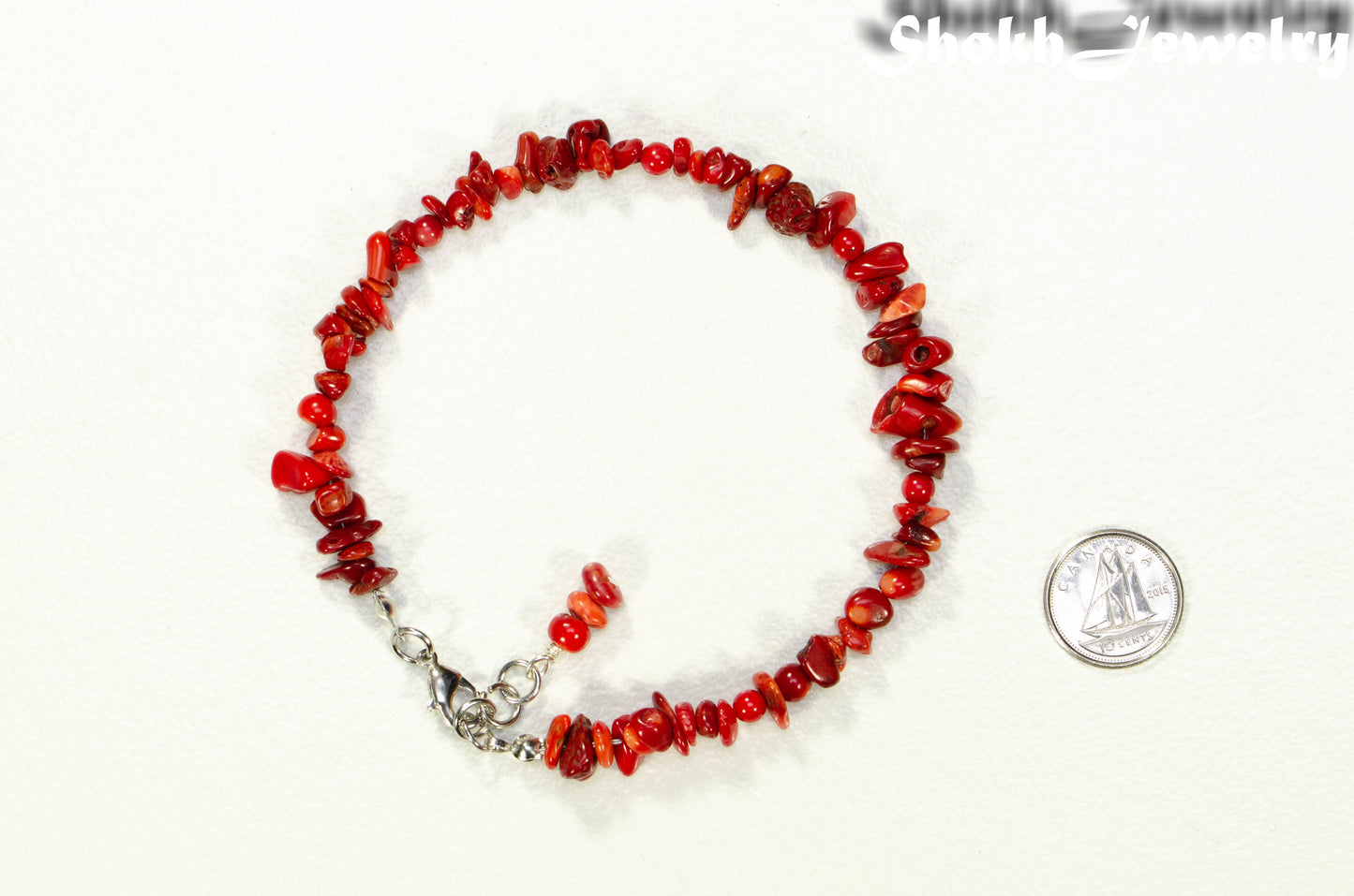 Top view of Natural Red Coral Chip bracelet.