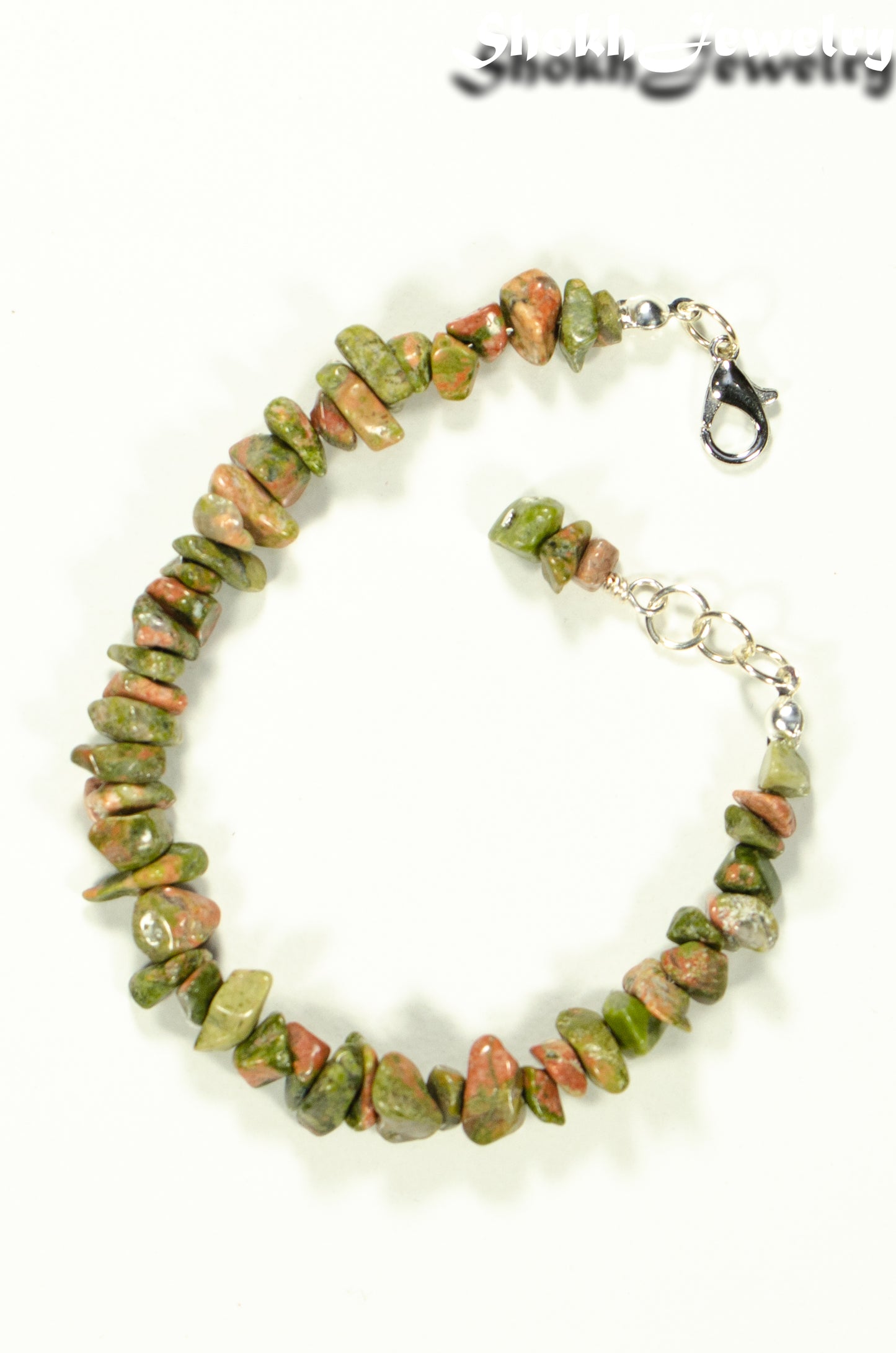 Top view of Natural Unakite Crystal Chip Bracelet