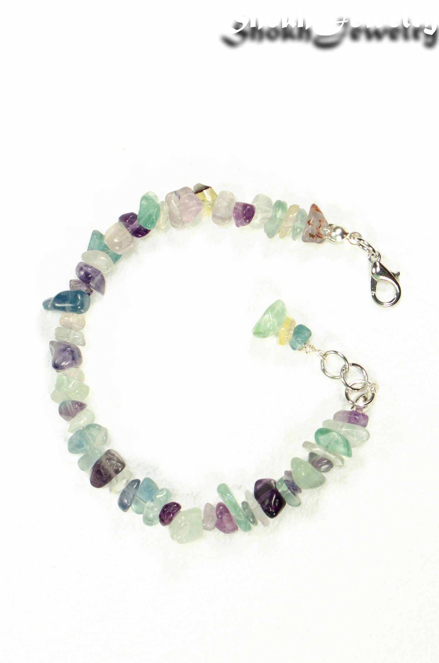 Top view of Natural Rainbow Fluorite Crystal Chip Bracelet.