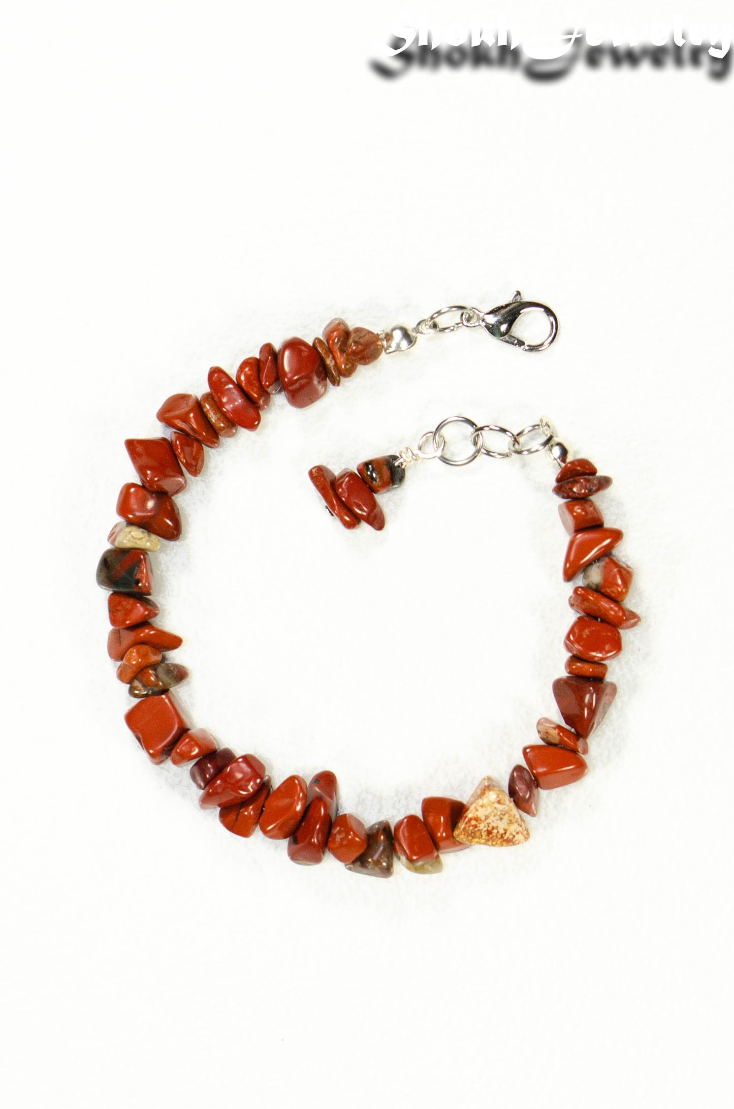 Top view of Natural Red Jasper Crystal Chip Bracelet.