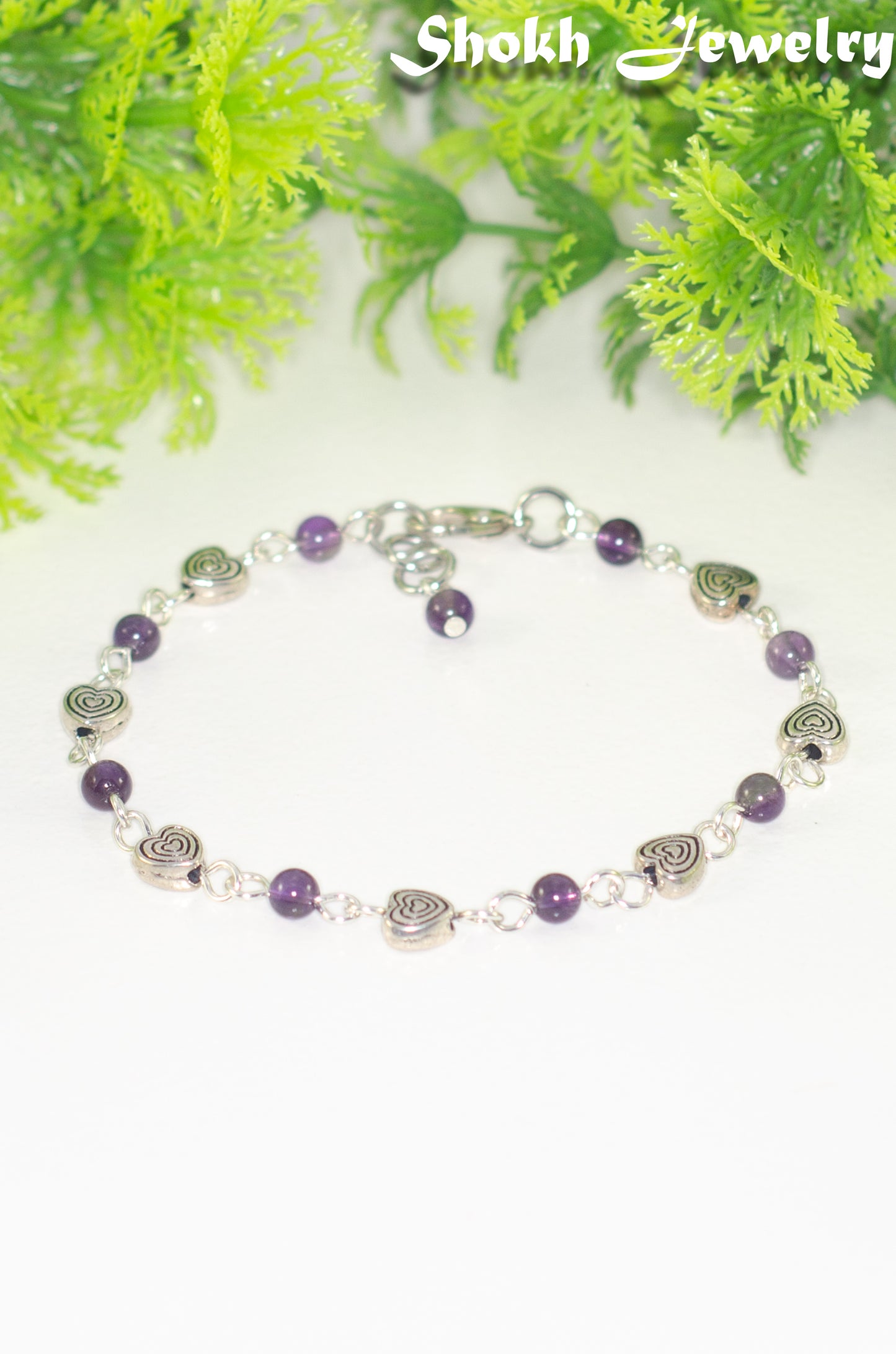 Tibetan Silver Heart and Amethyst Link Bracelet
