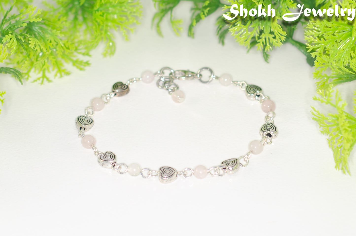 Tibetan Silver Heart and Rose Quartz Link Bracelet