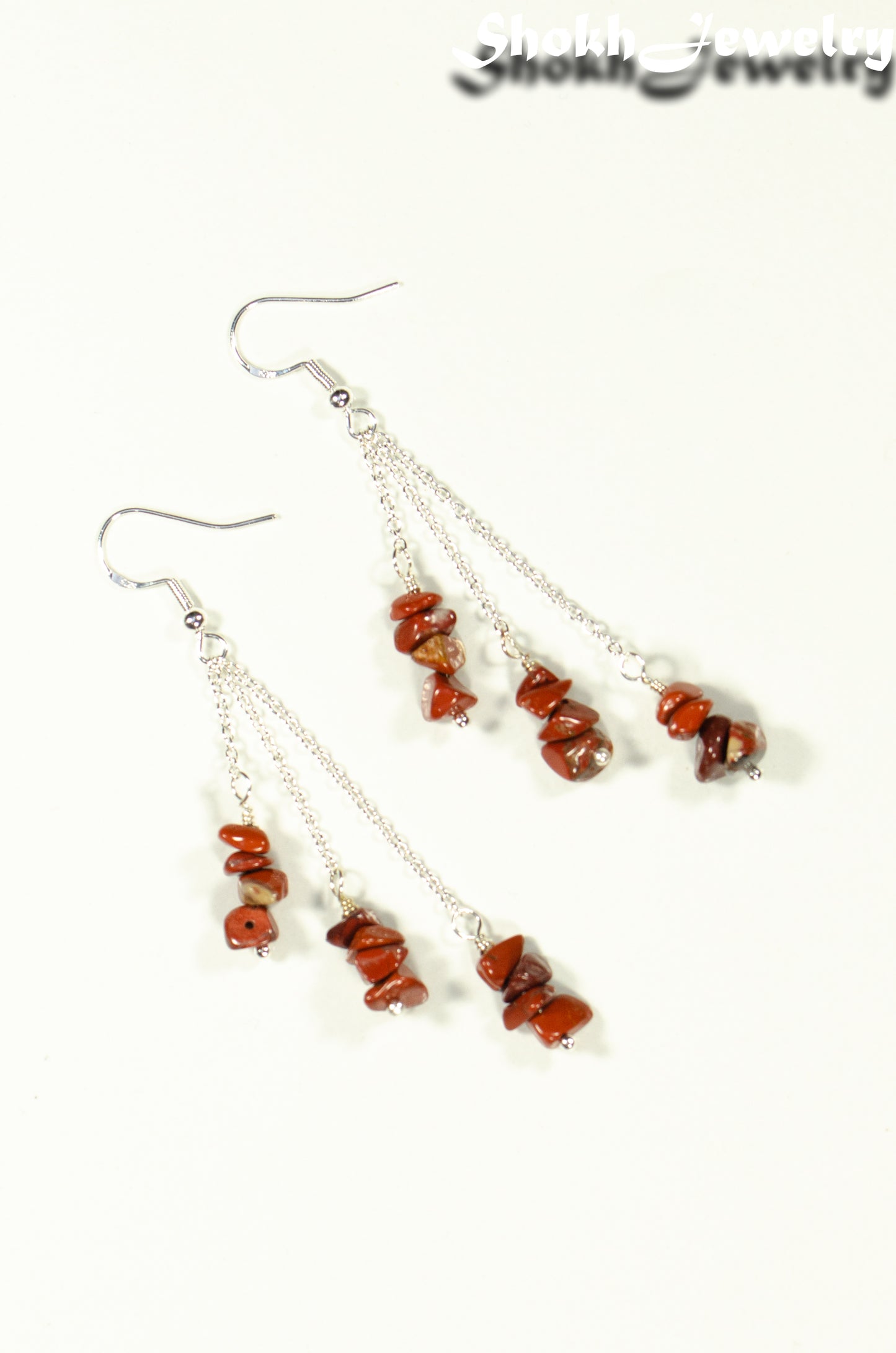 Top view of Long Silver Plated Chain and Red Jasper Chip Earrings.