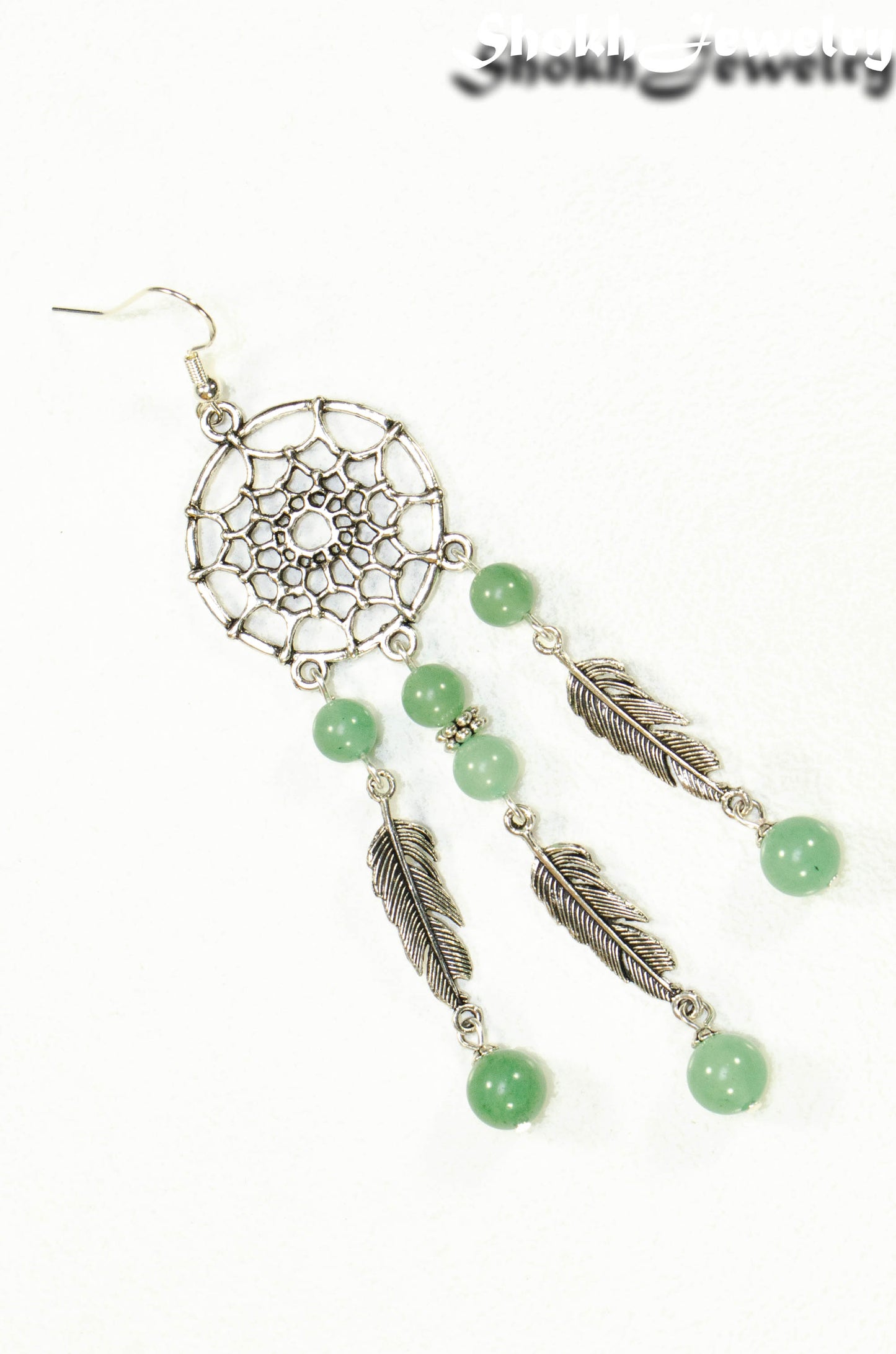 Top view of Extra Long Green Aventurine Dream Catcher Earrings.