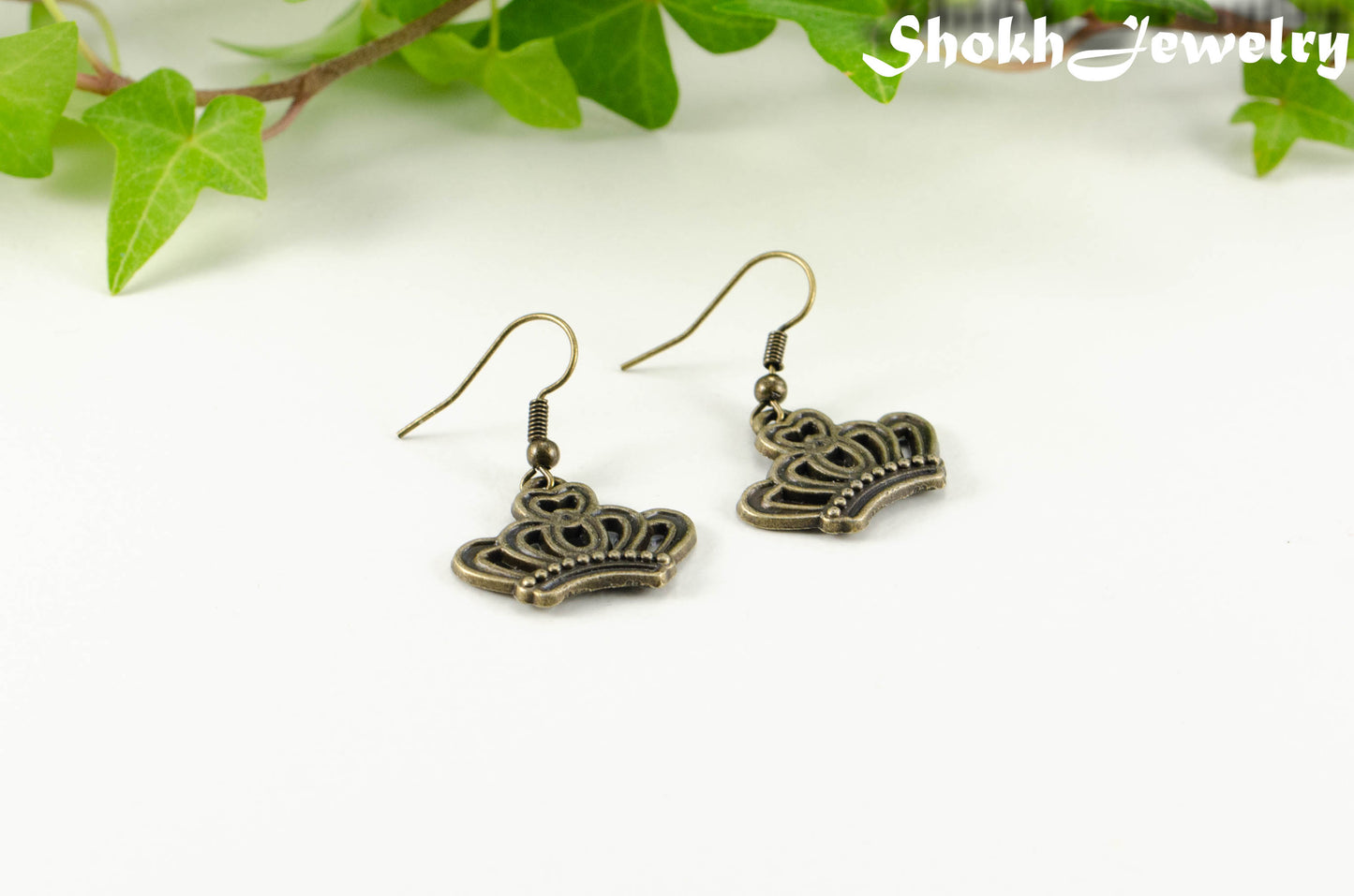 Antique Bronze Crown Charm Earrings for women.