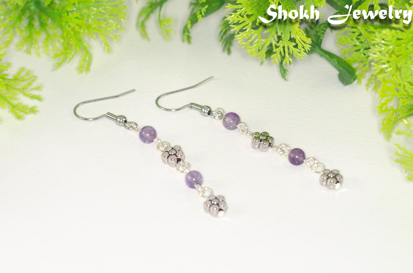 Long Amethyst and Flower Earrings, February Birthstone Jewelry