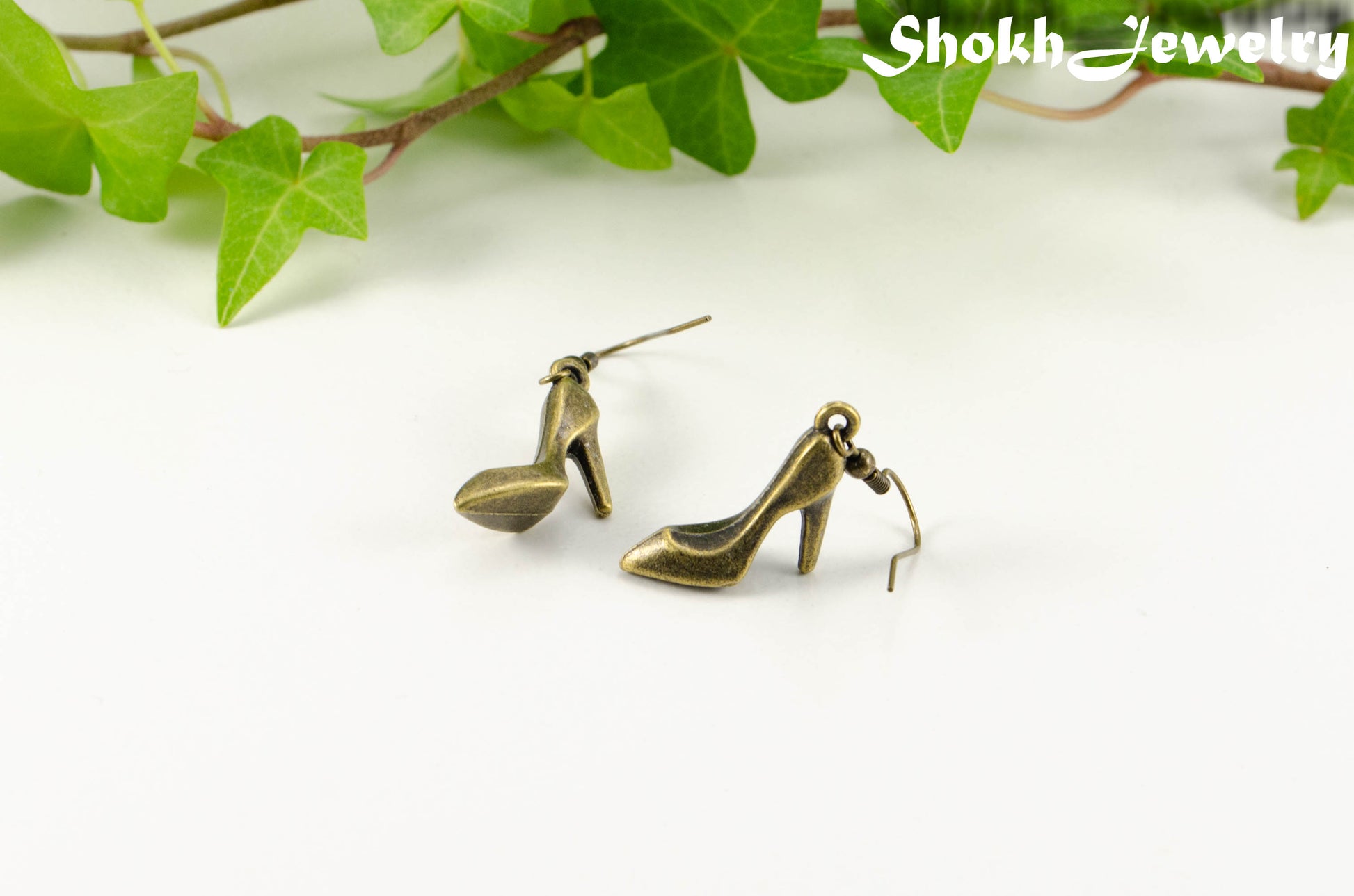 Antique Bronze High Heel Shoe Charm Earrings.