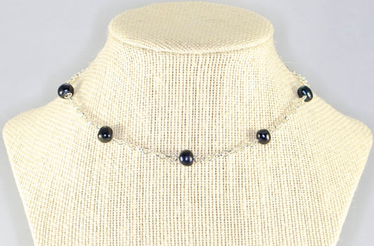 Black Freshwater Pearl and Dainty Chain Choker Necklace displayed on a bust.