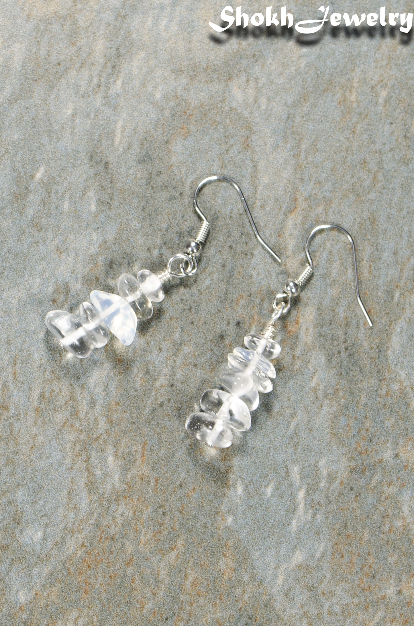 Top view of Simple White Opal Crystal Chip Earrings.