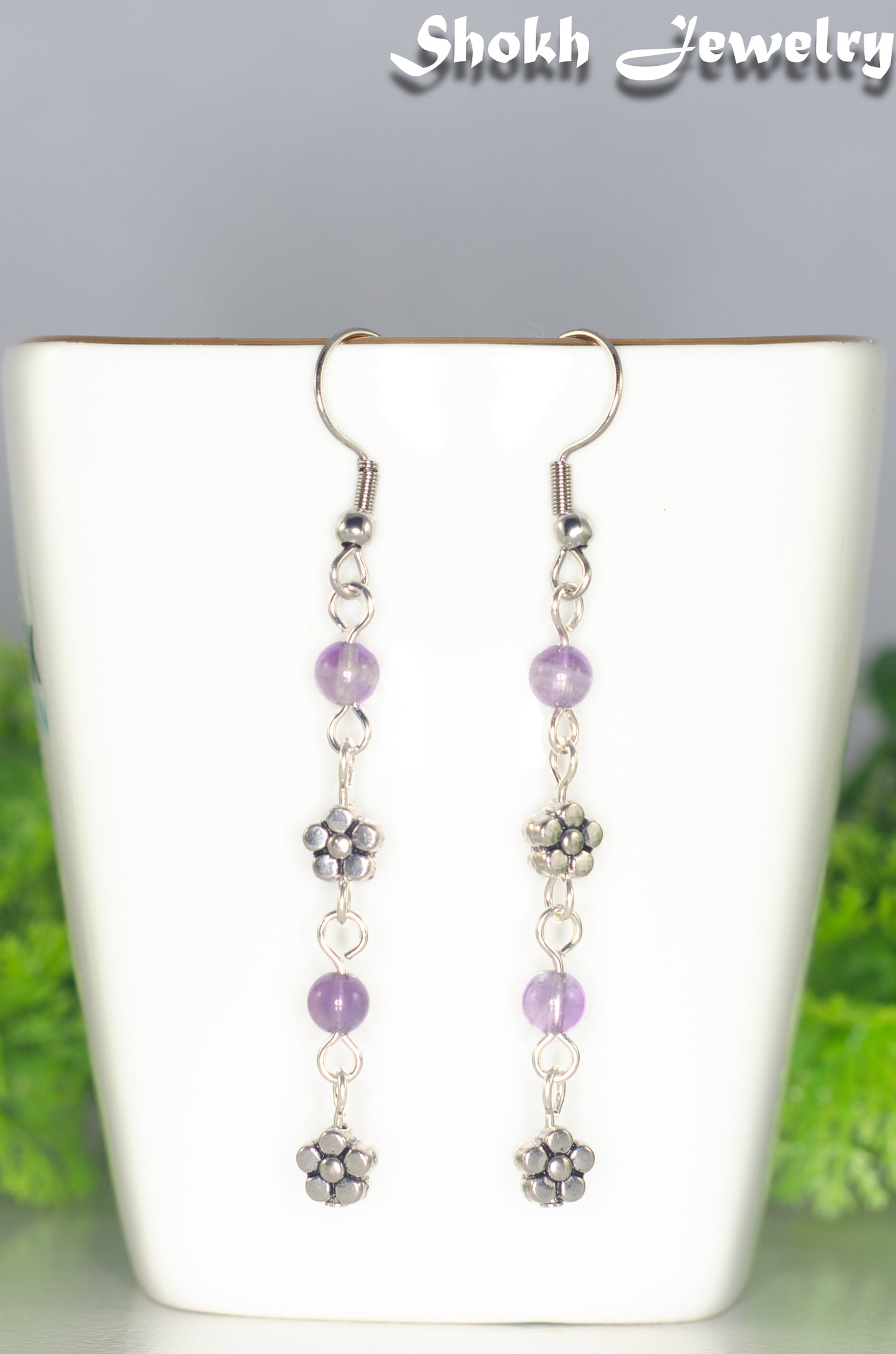 Long Amethyst and Flower Earrings, February Birthstone Jewelry