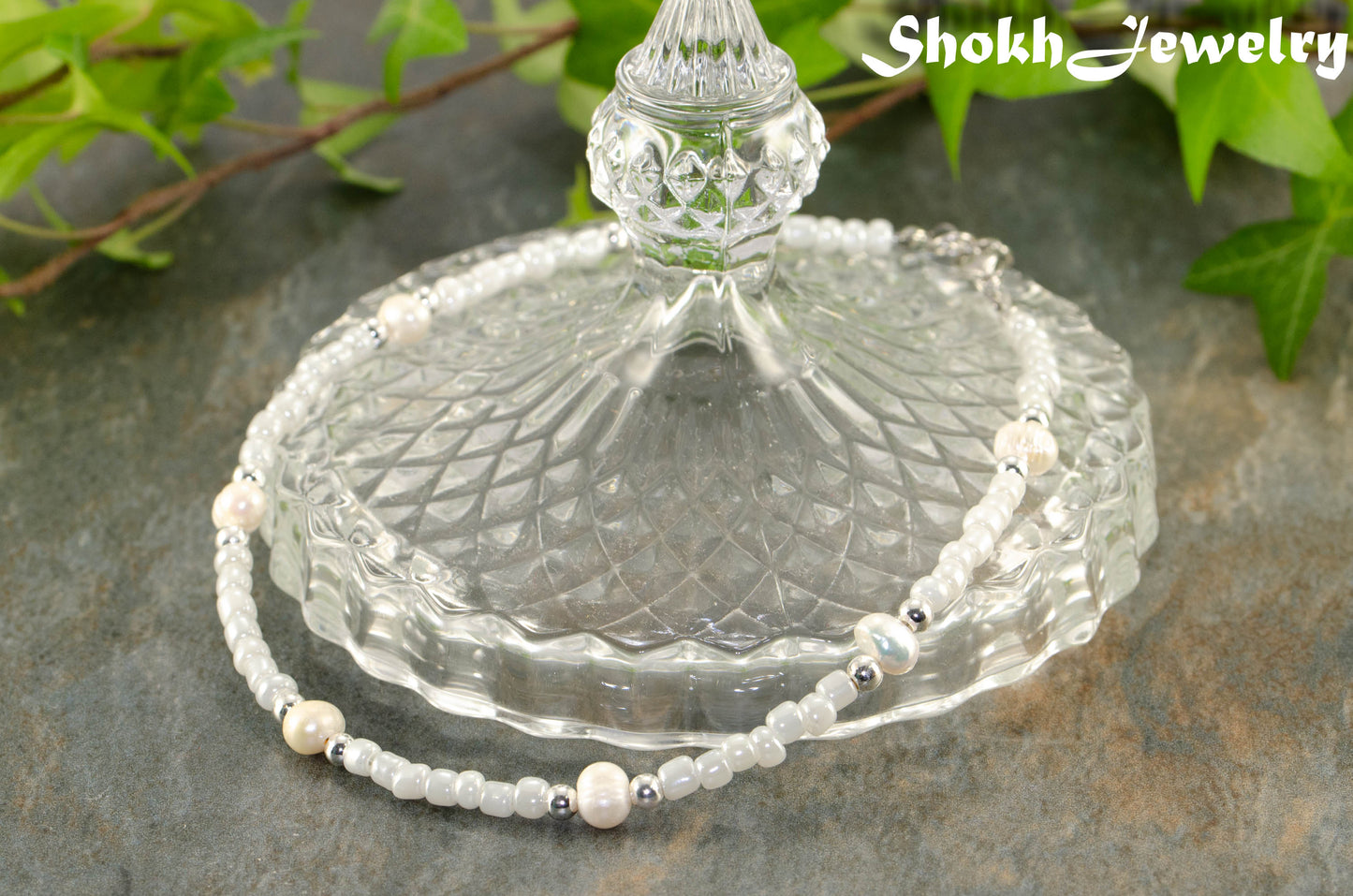 Freshwater Pearl and White Seed Bead Choker Necklace with Silver Plated Spacers.