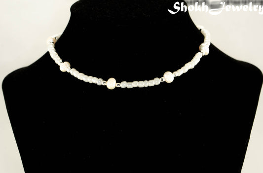 Freshwater Pearl and White Seed Bead Choker Necklace with Silver Plated Spacers displayed on a bust.