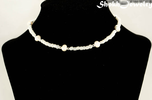 Freshwater Pearl and White Seed Bead Choker Necklace with Gold Plated Spacers displayed on a bust.