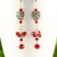 Close up of Tibetan Silver Heart and Red Beaded Cluster Earrings.