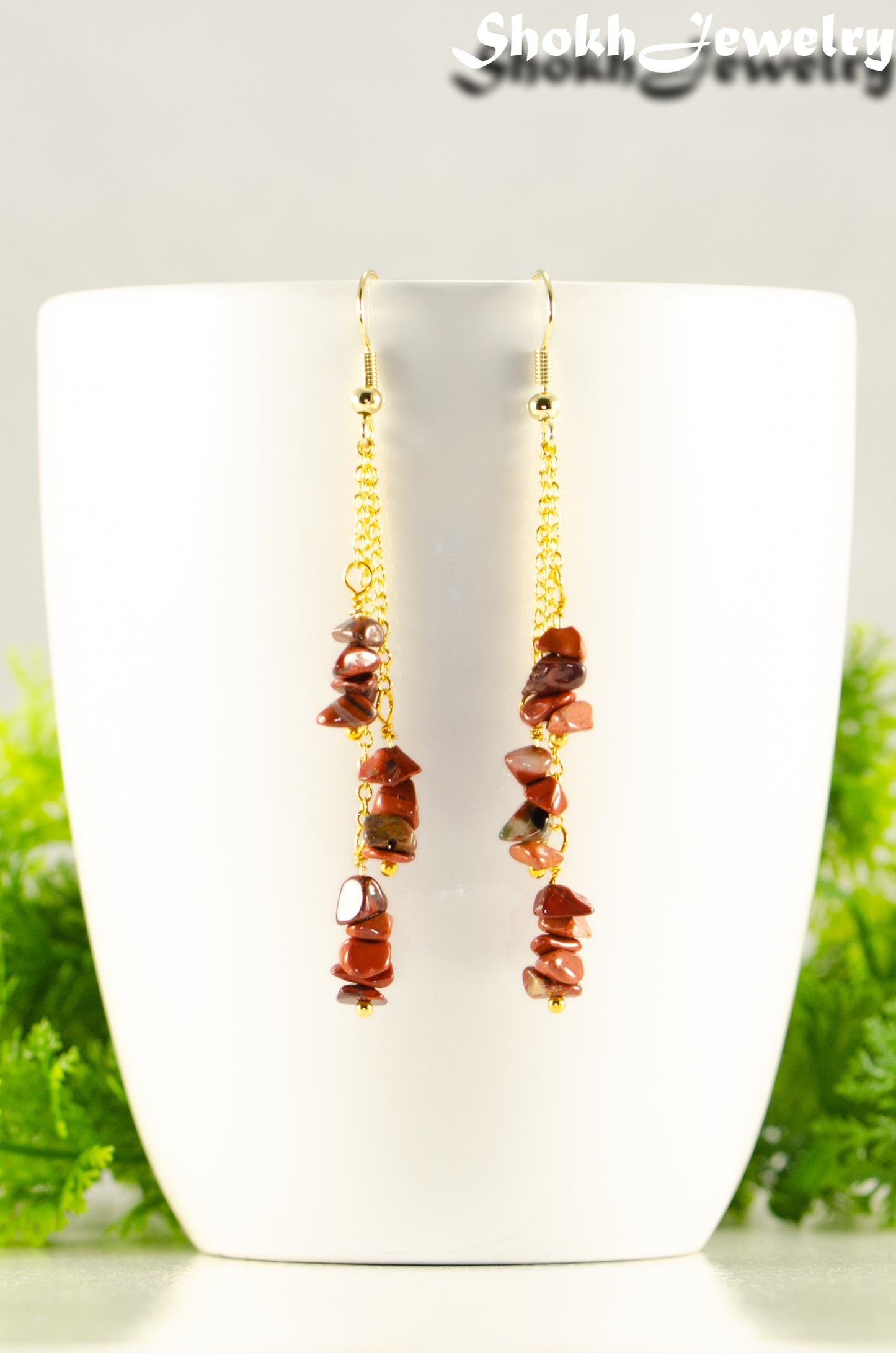 Close up of Long Gold Plated Chain and Red Jasper Chip Earrings.