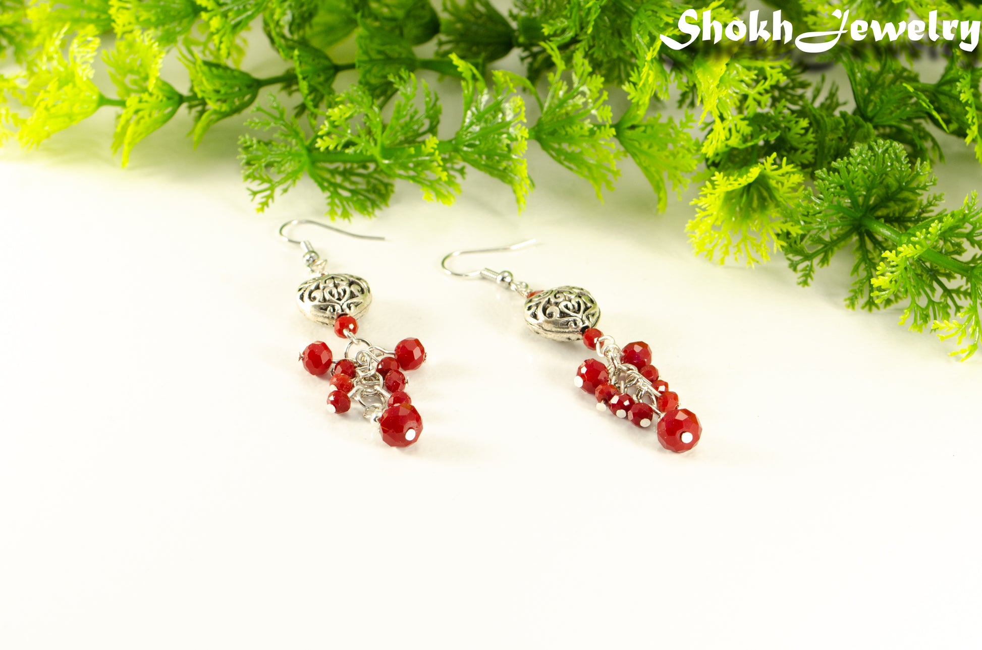 Tibetan Silver Heart and Red Beaded Cluster Earrings with silver tone ear wires.