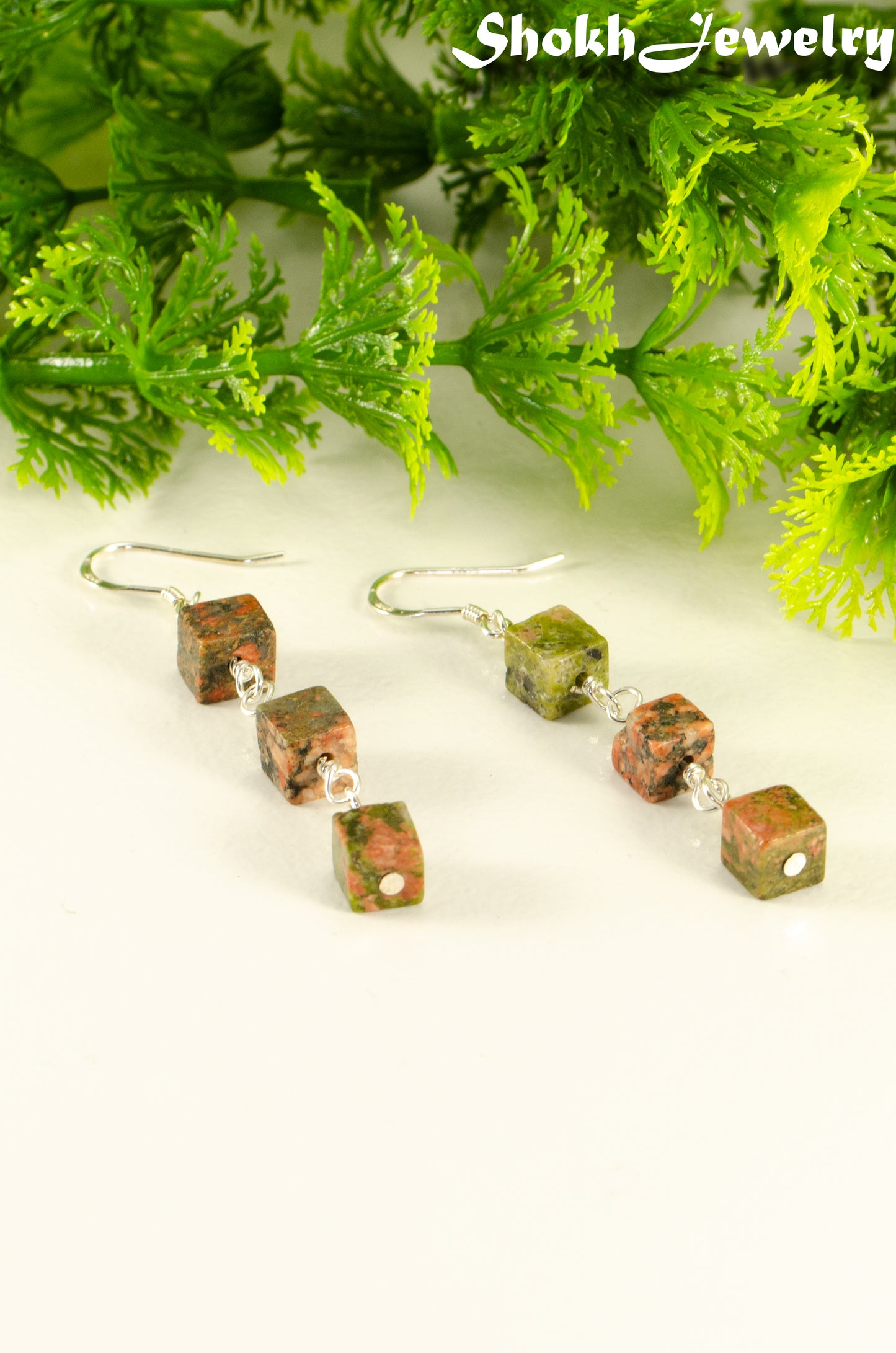 Long Unakite Cube Dangle Earrings.