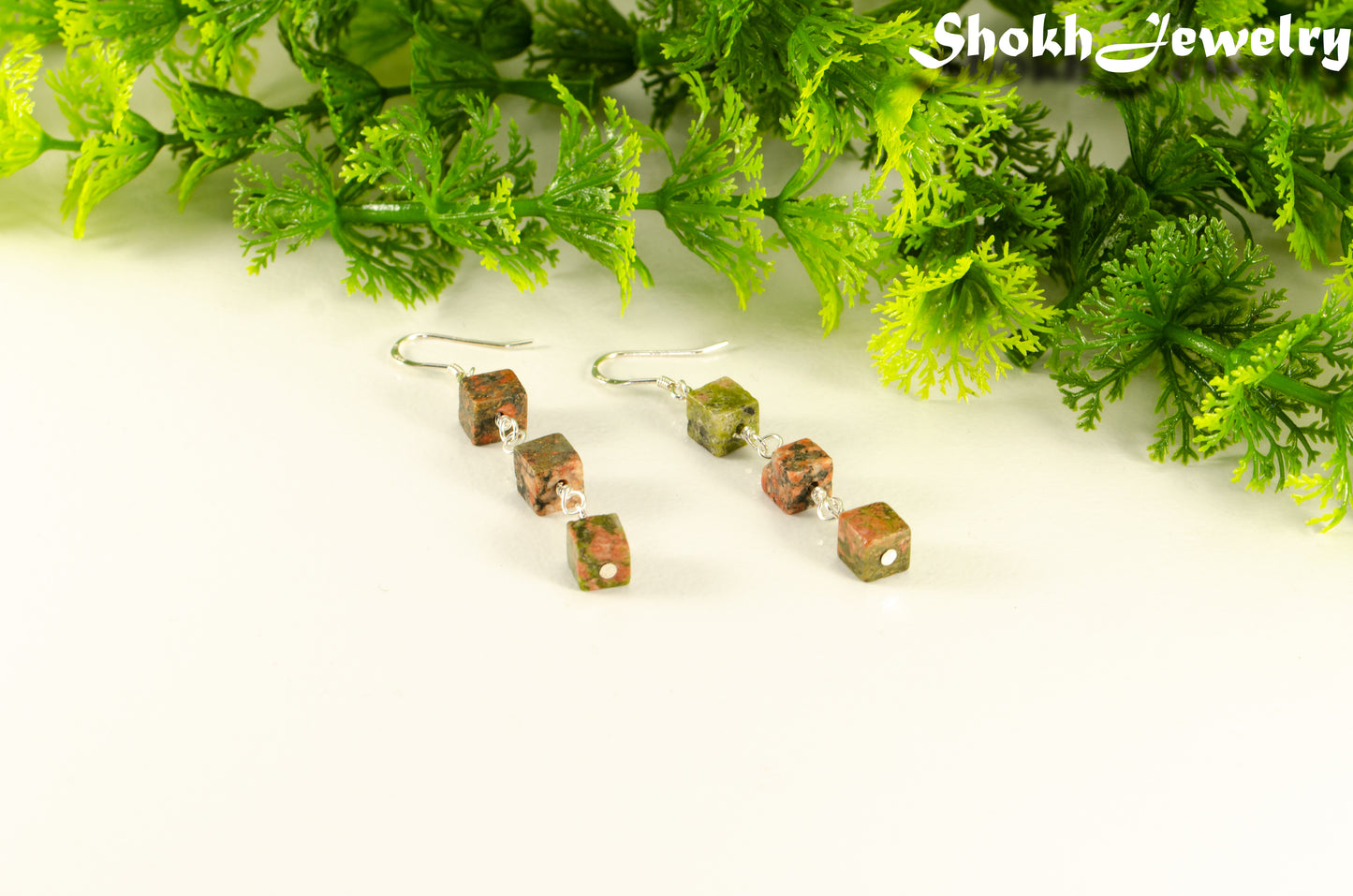 Long Unakite Cube Dangle Earrings for women.