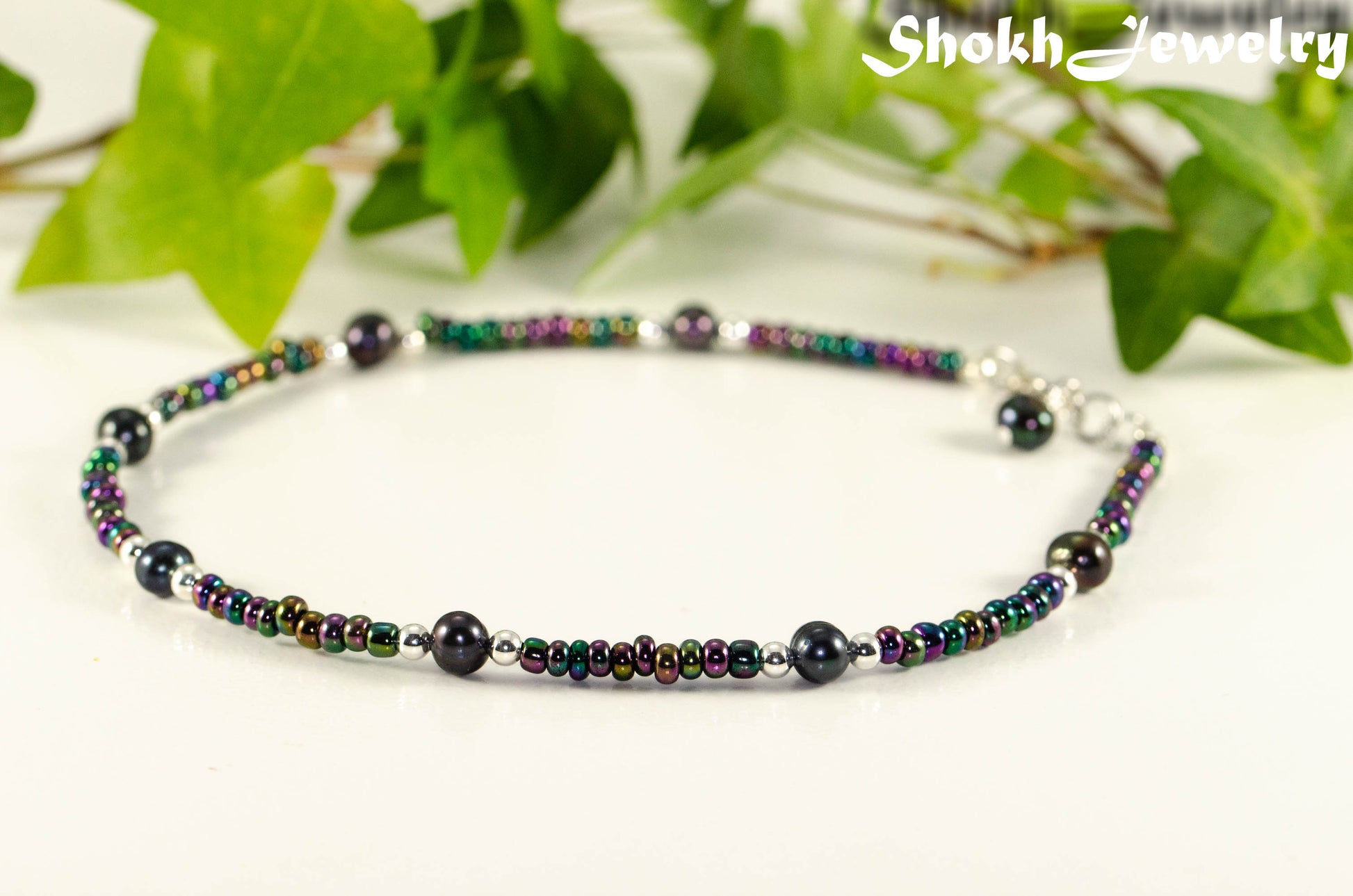 Black Freshwater Pearl and Seed Bead Anklet.