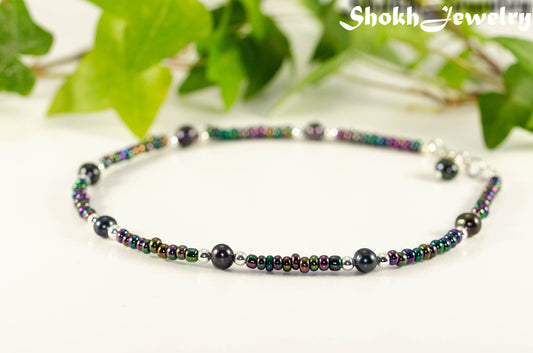 Black Freshwater Pearl and Seed Bead Anklet.