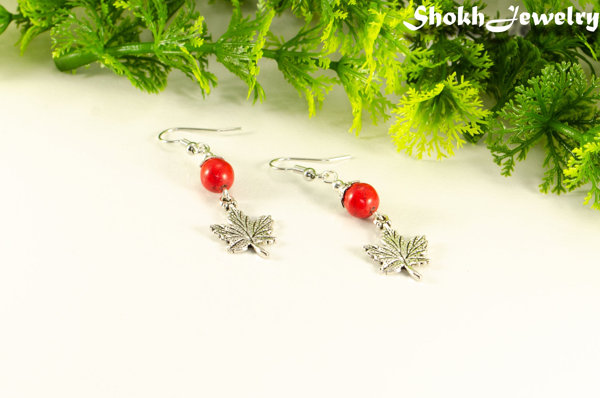 Red Howlite and Tibetan Silver Maple Leaf Dangle Earrings for women.